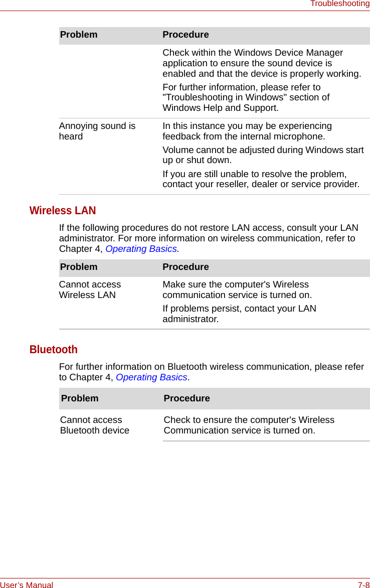 User’s Manual 7-8TroubleshootingWireless LANIf the following procedures do not restore LAN access, consult your LAN administrator. For more information on wireless communication, refer to Chapter 4, Operating Basics.BluetoothFor further information on Bluetooth wireless communication, please refer to Chapter 4, Operating Basics.Check within the Windows Device Manager application to ensure the sound device is enabled and that the device is properly working.For further information, please refer to &quot;Troubleshooting in Windows&quot; section of Windows Help and Support.Annoying sound is heard In this instance you may be experiencing feedback from the internal microphone.Volume cannot be adjusted during Windows start up or shut down.If you are still unable to resolve the problem, contact your reseller, dealer or service provider.Problem ProcedureProblem ProcedureCannot access Wireless LAN Make sure the computer&apos;s Wireless communication service is turned on.If problems persist, contact your LAN administrator.Problem ProcedureCannot access Bluetooth device Check to ensure the computer&apos;s Wireless Communication service is turned on.