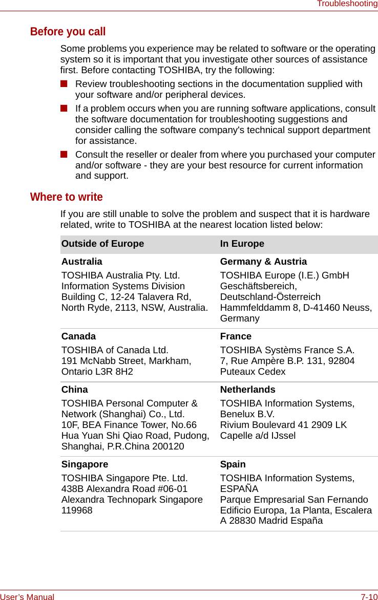 User’s Manual 7-10TroubleshootingBefore you callSome problems you experience may be related to software or the operating system so it is important that you investigate other sources of assistance first. Before contacting TOSHIBA, try the following:■Review troubleshooting sections in the documentation supplied with your software and/or peripheral devices.■If a problem occurs when you are running software applications, consult the software documentation for troubleshooting suggestions and consider calling the software company&apos;s technical support department for assistance.■Consult the reseller or dealer from where you purchased your computer and/or software - they are your best resource for current information and support.Where to writeIf you are still unable to solve the problem and suspect that it is hardware related, write to TOSHIBA at the nearest location listed below:Outside of Europe In EuropeAustraliaTOSHIBA Australia Pty. Ltd.Information Systems Division Building C, 12-24 Talavera Rd, North Ryde, 2113, NSW, Australia.Germany &amp; AustriaTOSHIBA Europe (I.E.) GmbH Geschäftsbereich, Deutschland-Österreich Hammfelddamm 8, D-41460 Neuss, GermanyCanadaTOSHIBA of Canada Ltd.191 McNabb Street, Markham, Ontario L3R 8H2FranceTOSHIBA Systèms France S.A.7, Rue Ampère B.P. 131, 92804 Puteaux CedexChinaTOSHIBA Personal Computer &amp; Network (Shanghai) Co., Ltd.10F, BEA Finance Tower, No.66  Hua Yuan Shi Qiao Road, Pudong, Shanghai, P.R.China 200120NetherlandsTOSHIBA Information Systems, Benelux B.V.Rivium Boulevard 41 2909 LK Capelle a/d IJsselSingaporeTOSHIBA Singapore Pte. Ltd.438B Alexandra Road #06-01 Alexandra Technopark Singapore 119968SpainTOSHIBA Information Systems, ESPAÑAParque Empresarial San Fernando Edificio Europa, 1a Planta, Escalera A 28830 Madrid España