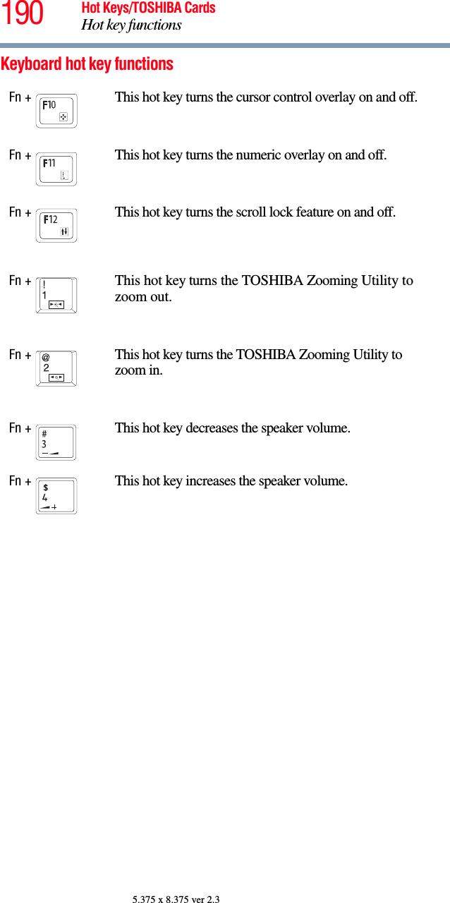 190 Hot Keys/TOSHIBA CardsHot key functions5.375 x 8.375 ver 2.3Keyboard hot key functions Fn +  This hot key turns the cursor control overlay on and off.Fn +  This hot key turns the numeric overlay on and off.Fn +  This hot key turns the scroll lock feature on and off.Fn +  This hot key turns the TOSHIBA Zooming Utility to zoom out. Fn +  This hot key turns the TOSHIBA Zooming Utility to zoom in.Fn +  This hot key decreases the speaker volume.Fn +  This hot key increases the speaker volume.