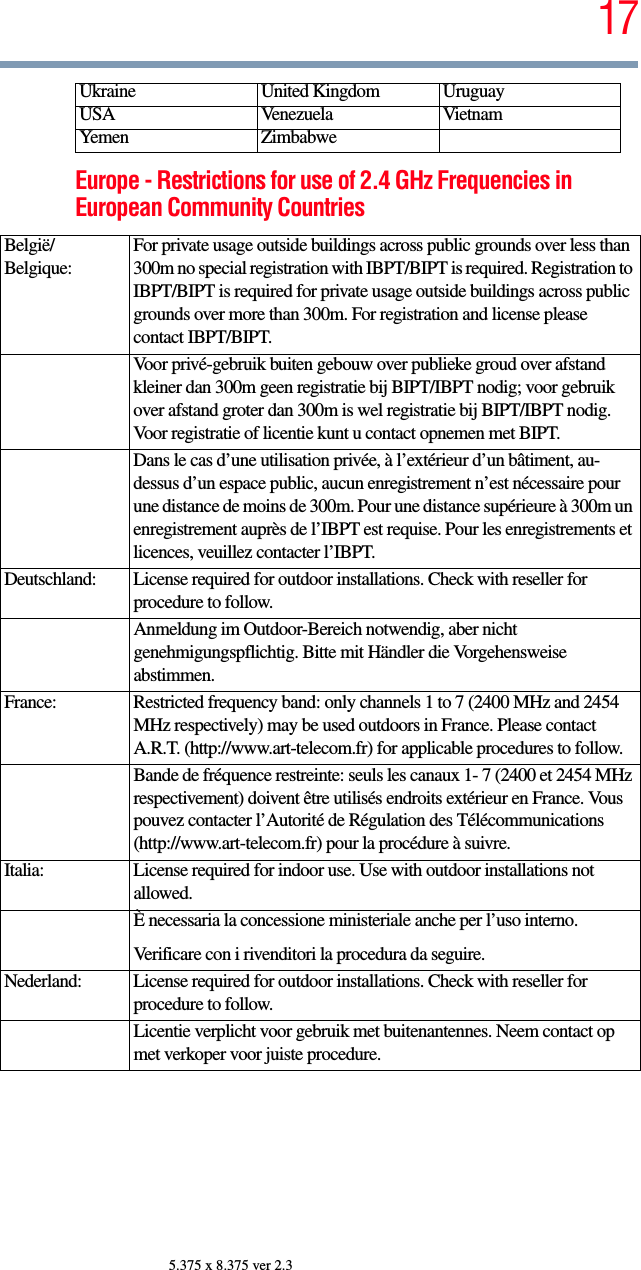175.375 x 8.375 ver 2.3Europe - Restrictions for use of 2.4 GHz Frequencies in European Community CountriesUkraine United Kingdom UruguayUSA Venezuela VietnamYemen ZimbabweBelgië/Belgique:For private usage outside buildings across public grounds over less than 300m no special registration with IBPT/BIPT is required. Registration to IBPT/BIPT is required for private usage outside buildings across public grounds over more than 300m. For registration and license please contact IBPT/BIPT.Voor privé-gebruik buiten gebouw over publieke groud over afstand kleiner dan 300m geen registratie bij BIPT/IBPT nodig; voor gebruik over afstand groter dan 300m is wel registratie bij BIPT/IBPT nodig. Voor registratie of licentie kunt u contact opnemen met BIPT.Dans le cas d’une utilisation privée, à l’extérieur d’un bâtiment, au-dessus d’un espace public, aucun enregistrement n’est nécessaire pour une distance de moins de 300m. Pour une distance supérieure à 300m un enregistrement auprès de l’IBPT est requise. Pour les enregistrements et licences, veuillez contacter l’IBPT.Deutschland: License required for outdoor installations. Check with reseller for procedure to follow.Anmeldung im Outdoor-Bereich notwendig, aber nicht genehmigungspflichtig. Bitte mit Händler die Vorgehensweise abstimmen.France: Restricted frequency band: only channels 1 to 7 (2400 MHz and 2454 MHz respectively) may be used outdoors in France. Please contact A.R.T. (http://www.art-telecom.fr) for applicable procedures to follow.Bande de fréquence restreinte: seuls les canaux 1- 7 (2400 et 2454 MHz respectivement) doivent être utilisés endroits extérieur en France. Vous pouvez contacter l’Autorité de Régulation des Télécommunications (http://www.art-telecom.fr) pour la procédure à suivre.Italia: License required for indoor use. Use with outdoor installations not allowed.È necessaria la concessione ministeriale anche per l’uso interno.Verificare con i rivenditori la procedura da seguire.Nederland: License required for outdoor installations. Check with reseller for procedure to follow.Licentie verplicht voor gebruik met buitenantennes. Neem contact op met verkoper voor juiste procedure.