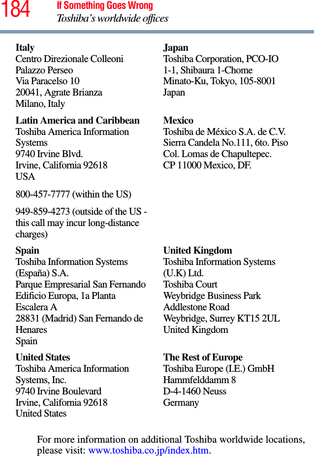 184 If Something Goes WrongToshiba’s worldwide officesFor more information on additional Toshiba worldwide locations, please visit: www.toshiba.co.jp/index.htm.ItalyCentro Direzionale ColleoniPalazzo PerseoVia Paracelso 1020041, Agrate BrianzaMilano, ItalyJapanToshiba Corporation, PCO-IO1-1, Shibaura 1-ChomeMinato-Ku, Tokyo, 105-8001JapanLatin America and CaribbeanToshiba America Information Systems9740 Irvine Blvd.Irvine, California 92618USA800-457-7777 (within the US)949-859-4273 (outside of the US - this call may incur long-distance charges)MexicoToshiba de México S.A. de C.V.Sierra Candela No.111, 6to. Piso Col. Lomas de Chapultepec.CP 11000 Mexico, DF.SpainToshiba Information Systems (España) S.A.Parque Empresarial San FernandoEdificio Europa, 1a Planta Escalera A28831 (Madrid) San Fernando de HenaresSpainUnited KingdomToshiba Information Systems (U.K) Ltd.Toshiba CourtWeybridge Business Park Addlestone RoadWeybridge, Surrey KT15 2ULUnited KingdomUnited StatesToshiba America Information Systems, Inc.9740 Irvine BoulevardIrvine, California 92618United StatesThe Rest of EuropeToshiba Europe (I.E.) GmbHHammfelddamm 8D-4-1460 NeussGermany