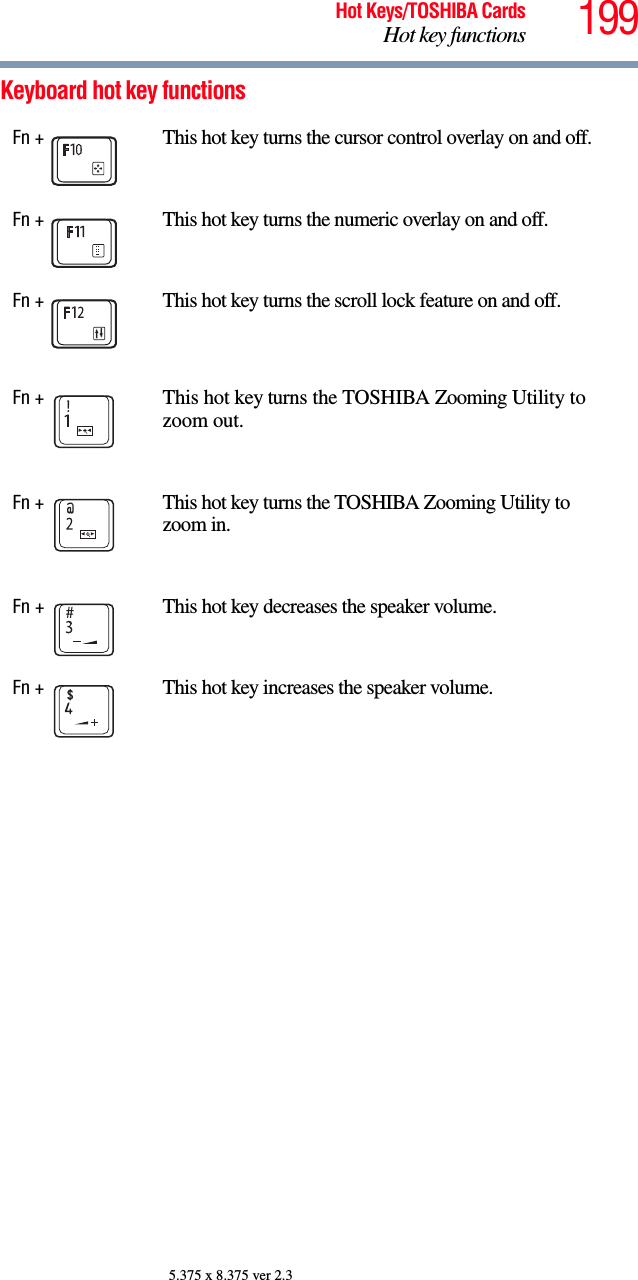 199Hot Keys/TOSHIBA CardsHot key functions5.375 x 8.375 ver 2.3Keyboard hot key functions Fn +  This hot key turns the cursor control overlay on and off.Fn +  This hot key turns the numeric overlay on and off.Fn +  This hot key turns the scroll lock feature on and off.Fn +  This hot key turns the TOSHIBA Zooming Utility to zoom out. Fn +  This hot key turns the TOSHIBA Zooming Utility to zoom in.Fn +  This hot key decreases the speaker volume.Fn +  This hot key increases the speaker volume.