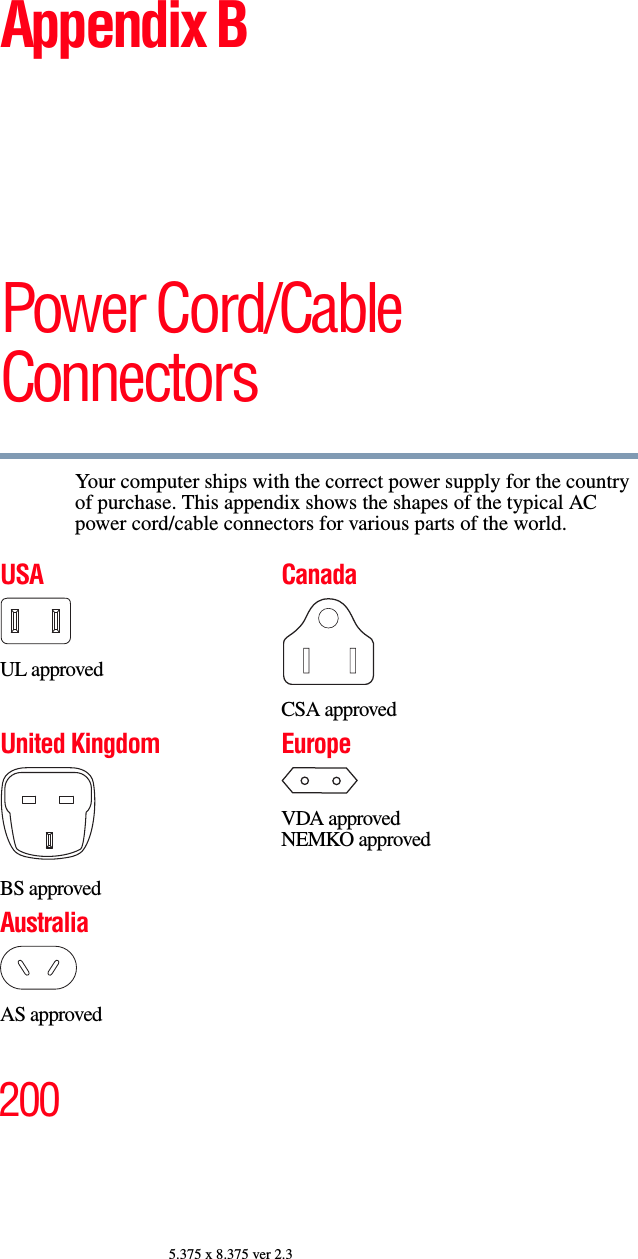 2005.375 x 8.375 ver 2.3Appendix BPower Cord/Cable ConnectorsYour computer ships with the correct power supply for the country of purchase. This appendix shows the shapes of the typical AC power cord/cable connectors for various parts of the world.USAUL approvedCanadaCSA approvedUnited KingdomBS approvedEuropeVDA approvedNEMKO approvedAustraliaAS approved