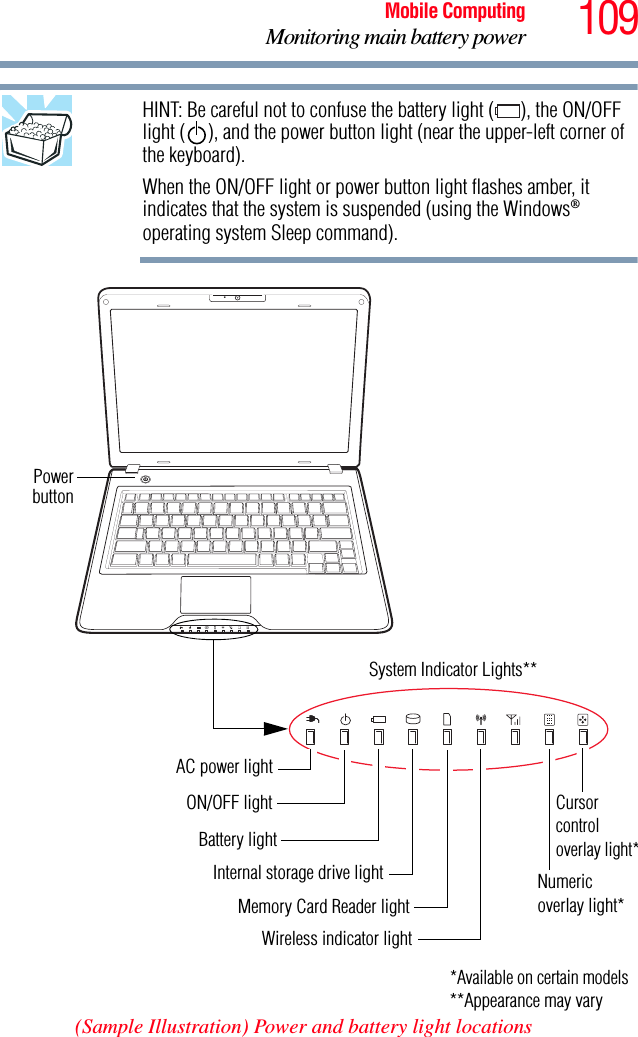 109Mobile ComputingMonitoring main battery powerHINT: Be careful not to confuse the battery light ( ), the ON/OFF light ( ), and the power button light (near the upper-left corner of the keyboard).When the ON/OFF light or power button light flashes amber, it indicates that the system is suspended (using the Windows® operating system Sleep command). (Sample Illustration) Power and battery light locationsPowerbuttonSystem Indicator Lights**AC power lightBattery lightInternal storage drive lightMemory Card Reader lightON/OFF light*Available on certain modelsNumericWireless indicator lightoverlay light*Cursorcontroloverlay light***Appearance may vary