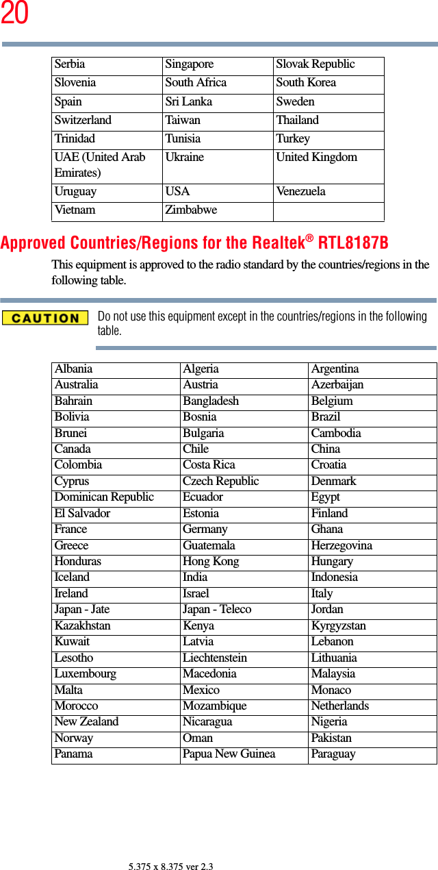 205.375 x 8.375 ver 2.3Approved Countries/Regions for the Realtek® RTL8187BThis equipment is approved to the radio standard by the countries/regions in the following table.Do not use this equipment except in the countries/regions in the following table.Serbia Singapore Slovak RepublicSlovenia South Africa South KoreaSpain Sri Lanka SwedenSwitzerland Taiwan ThailandTrinidad Tunisia TurkeyUAE (United Arab Emirates)Ukraine United KingdomUruguay USA VenezuelaVietnam ZimbabweAlbania Algeria ArgentinaAustralia Austria AzerbaijanBahrain Bangladesh BelgiumBolivia Bosnia BrazilBrunei Bulgaria CambodiaCanada Chile ChinaColombia Costa Rica CroatiaCyprus Czech Republic DenmarkDominican Republic Ecuador EgyptEl Salvador Estonia FinlandFrance Germany GhanaGreece Guatemala HerzegovinaHonduras Hong Kong HungaryIceland India IndonesiaIreland Israel ItalyJapan - Jate Japan - Teleco JordanKazakhstan Kenya KyrgyzstanKuwait Latvia LebanonLesotho Liechtenstein LithuaniaLuxembourg Macedonia MalaysiaMalta Mexico MonacoMorocco Mozambique NetherlandsNew Zealand Nicaragua NigeriaNorway Oman PakistanPanama Papua New Guinea Paraguay