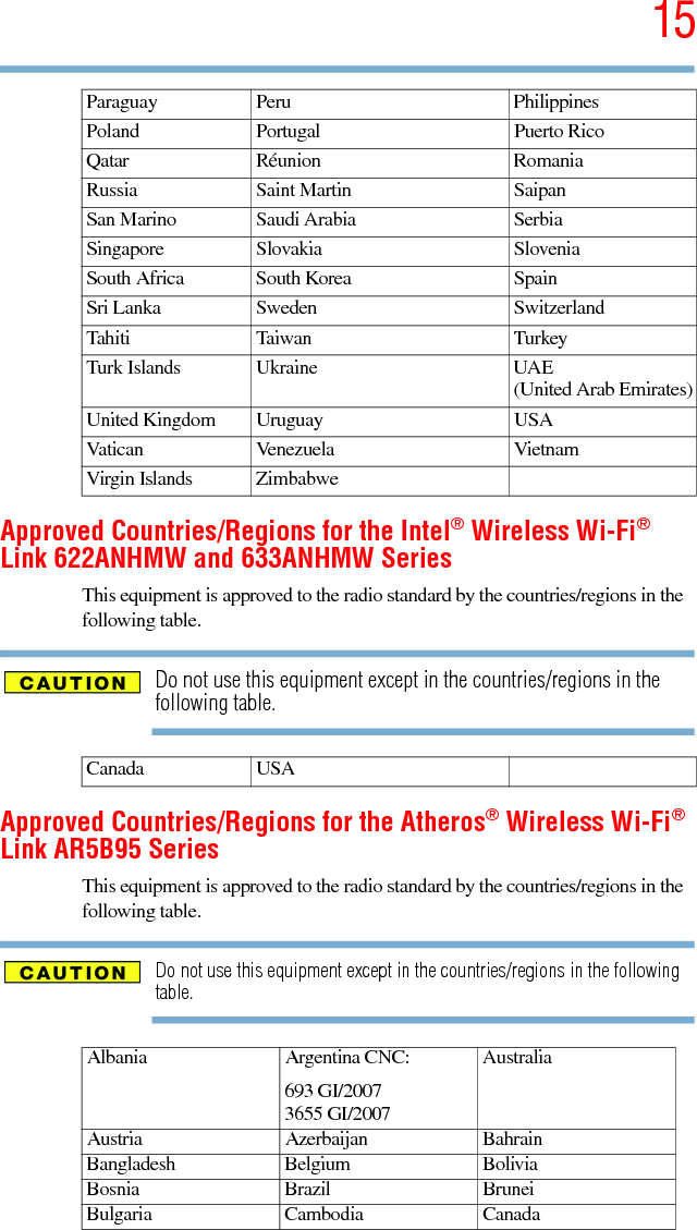 155.375 x 8.375 ver 2.3Approved Countries/Regions for the Intel® Wireless Wi-Fi® Link 622ANHMW and 633ANHMW SeriesThis equipment is approved to the radio standard by the countries/regions in the following table.Do not use this equipment except in the countries/regions in the following table.Approved Countries/Regions for the Atheros® Wireless Wi-Fi® Link AR5B95 SeriesThis equipment is approved to the radio standard by the countries/regions in the following table.Do not use this equipment except in the countries/regions in the following table.Paraguay Peru PhilippinesPoland Portugal Puerto RicoQatar Réunion RomaniaRussia Saint Martin SaipanSan Marino Saudi Arabia SerbiaSingapore Slovakia SloveniaSouth Africa South Korea SpainSri Lanka Sweden SwitzerlandTahiti Taiwan TurkeyTurk Islands Ukraine UAE (United Arab Emirates)United Kingdom Uruguay USAVatican Venezuela VietnamVirgin Islands ZimbabweCanada USAAlbania Argentina CNC:693 GI/20073655 GI/2007AustraliaAustria Azerbaijan BahrainBangladesh Belgium BoliviaBosnia Brazil BruneiBulgaria Cambodia Canada