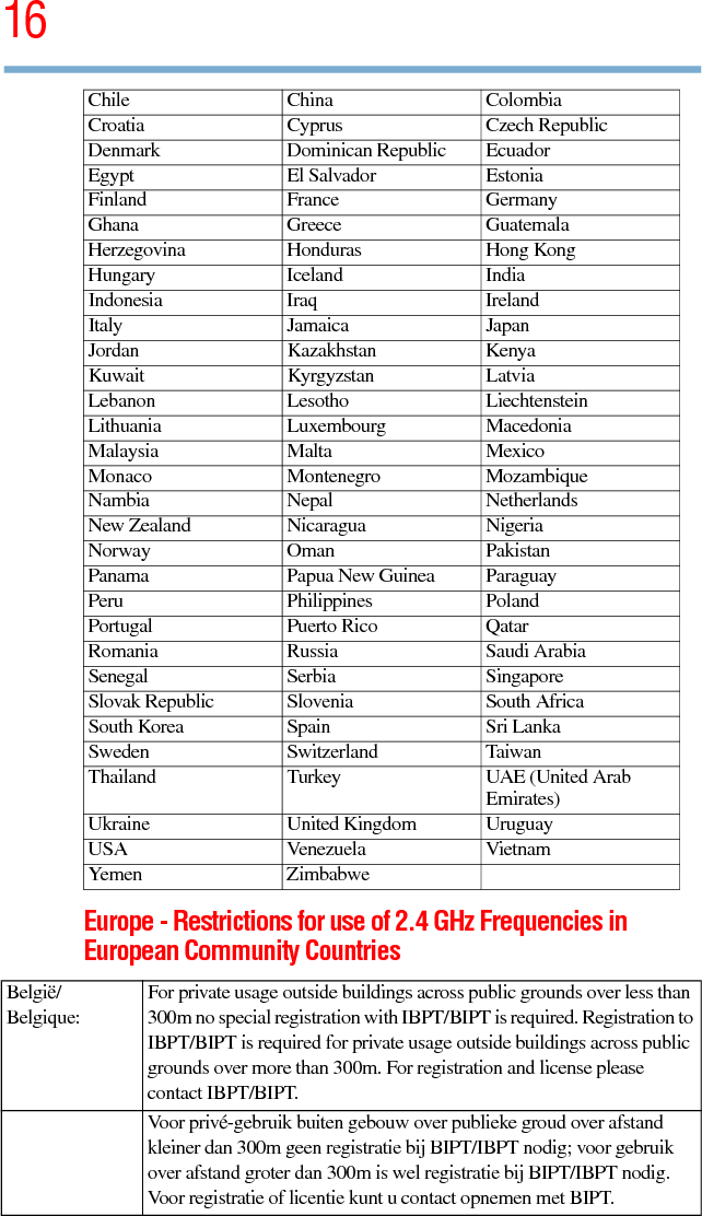 165.375 x 8.375 ver 2.3Europe - Restrictions for use of 2.4 GHz Frequencies in European Community CountriesChile China ColombiaCroatia Cyprus Czech RepublicDenmark Dominican Republic EcuadorEgypt El Salvador EstoniaFinland France GermanyGhana Greece GuatemalaHerzegovina Honduras Hong KongHungary Iceland IndiaIndonesia Iraq IrelandItaly Jamaica JapanJordan Kazakhstan KenyaKuwait Kyrgyzstan LatviaLebanon Lesotho LiechtensteinLithuania Luxembourg MacedoniaMalaysia Malta MexicoMonaco Montenegro MozambiqueNambia Nepal NetherlandsNew Zealand Nicaragua NigeriaNorway Oman PakistanPanama Papua New Guinea ParaguayPeru Philippines PolandPortugal Puerto Rico QatarRomania Russia Saudi ArabiaSenegal Serbia SingaporeSlovak Republic Slovenia South AfricaSouth Korea Spain Sri LankaSweden Switzerland TaiwanThailand Turkey UAE (United Arab Emirates)Ukraine United Kingdom UruguayUSA Venezuela VietnamYemen ZimbabweBelgië/Belgique:For private usage outside buildings across public grounds over less than 300m no special registration with IBPT/BIPT is required. Registration to IBPT/BIPT is required for private usage outside buildings across public grounds over more than 300m. For registration and license please contact IBPT/BIPT.Voor privé-gebruik buiten gebouw over publieke groud over afstand kleiner dan 300m geen registratie bij BIPT/IBPT nodig; voor gebruik over afstand groter dan 300m is wel registratie bij BIPT/IBPT nodig. Voor registratie of licentie kunt u contact opnemen met BIPT.