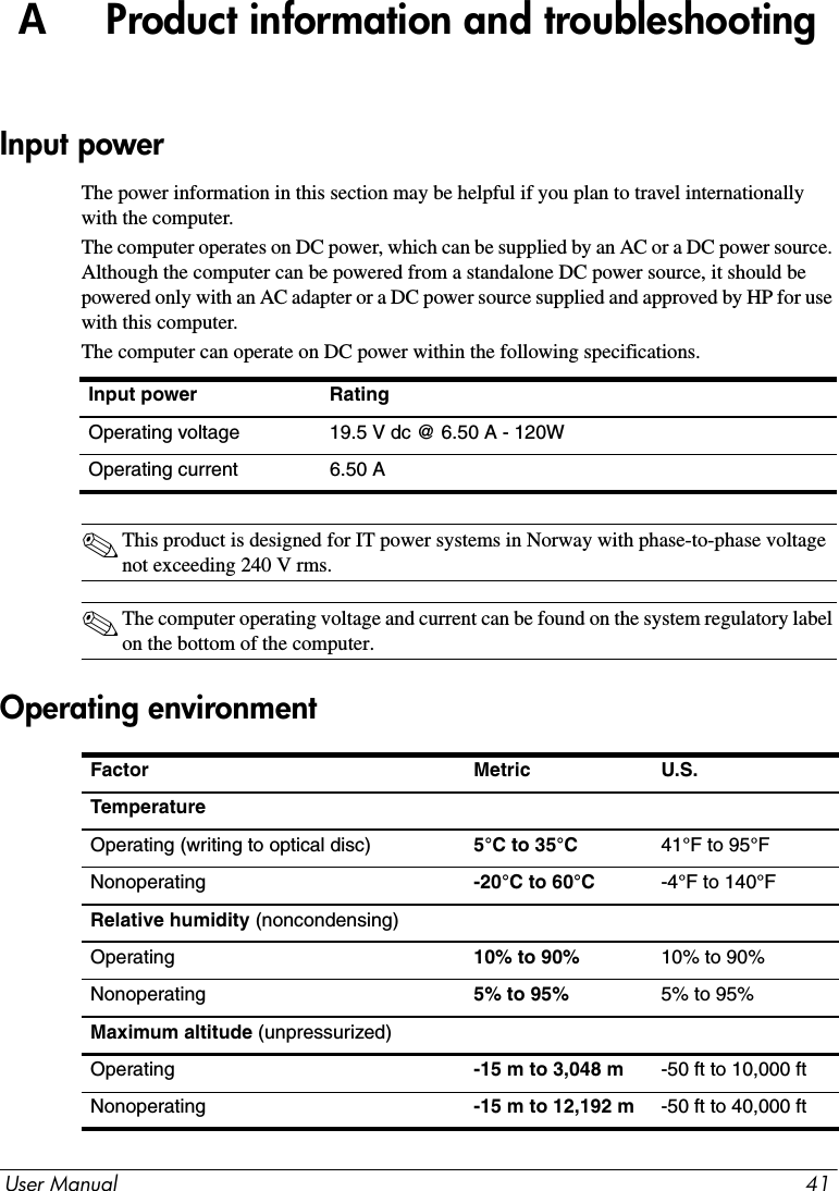 User Manual 41A     Product information and troubleshootingThe power information in this section may be helpful if you plan to travel internationally with the computer.The computer operates on DC power, which can be supplied by an AC or a DC power source. Although the computer can be powered from a standalone DC power source, it should be powered only with an AC adapter or a DC power source supplied and approved by HP for use with this computer.The computer can operate on DC power within the following specifications.✎This product is designed for IT power systems in Norway with phase-to-phase voltage not exceeding 240 V rms.✎The computer operating voltage and current can be found on the system regulatory label on the bottom of the computer.Input powerInput power RatingOperating voltage 19.5 V dc @ 6.50 A - 120WOperating current 6.50 A Operating environmentFactor Metric U.S.TemperatureOperating (writing to optical disc) 5°C to 35°C 41°F to 95°FNonoperating -20°C to 60°C -4°F to 140°FRelative humidity (noncondensing)Operating 10% to 90% 10% to 90%Nonoperating 5% to 95% 5% to 95%Maximum altitude (unpressurized)Operating -15 m to 3,048 m -50 ft to 10,000 ftNonoperating -15 m to 12,192 m -50 ft to 40,000 ft