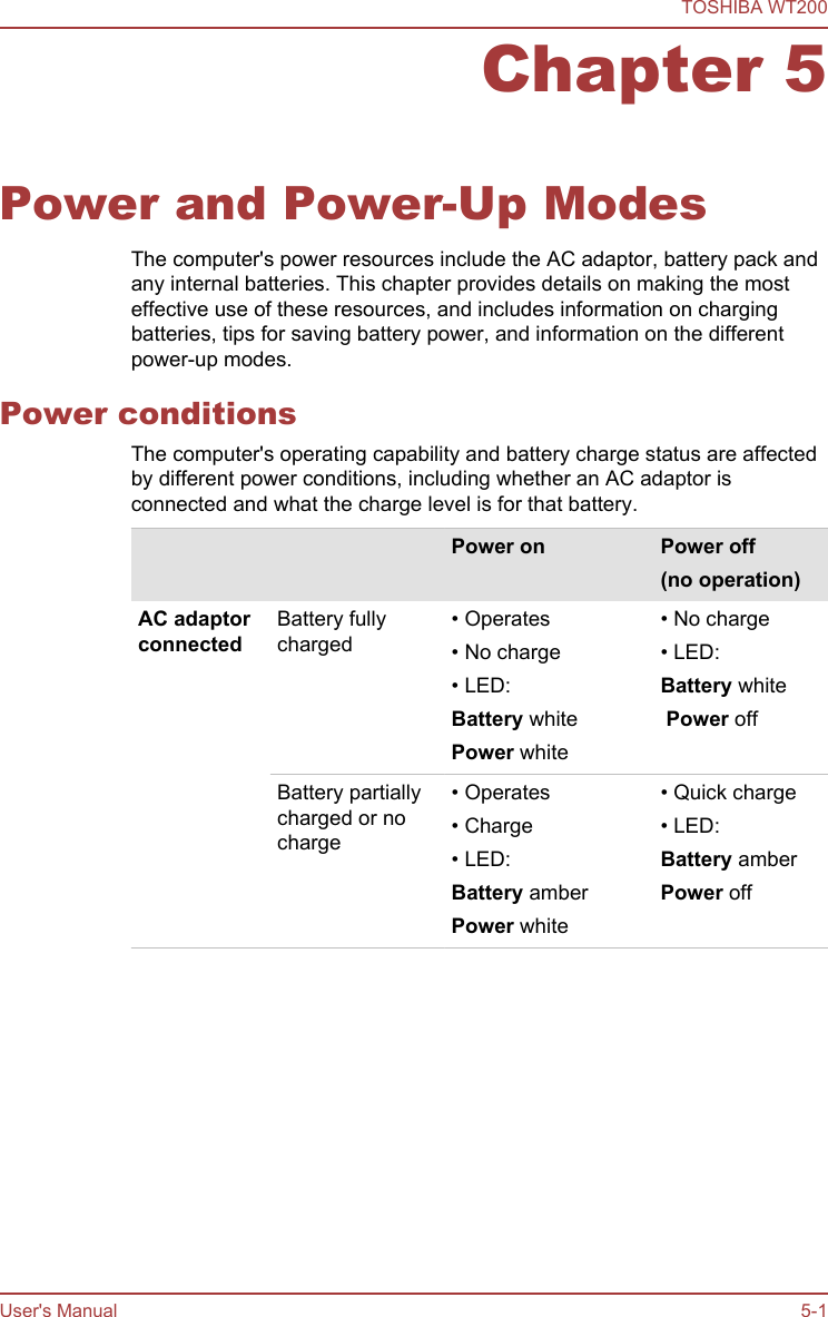 Chapter 5Power and Power-Up ModesThe computer&apos;s power resources include the AC adaptor, battery pack andany internal batteries. This chapter provides details on making the mosteffective use of these resources, and includes information on chargingbatteries, tips for saving battery power, and information on the differentpower-up modes.Power conditionsThe computer&apos;s operating capability and battery charge status are affectedby different power conditions, including whether an AC adaptor isconnected and what the charge level is for that battery.    Power on Power off(no operation)AC adaptorconnectedBattery fullycharged• Operates• No charge• LED:Battery whitePower white• No charge• LED:Battery white Power offBattery partiallycharged or nocharge• Operates• Charge• LED:Battery amberPower white• Quick charge• LED:Battery amberPower offTOSHIBA WT200User&apos;s Manual 5-1