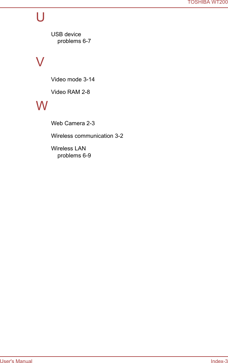 UUSB deviceproblems 6-7 VVideo mode 3-14Video RAM 2-8WWeb Camera 2-3Wireless communication 3-2Wireless LANproblems 6-9 TOSHIBA WT200User&apos;s Manual Index-3