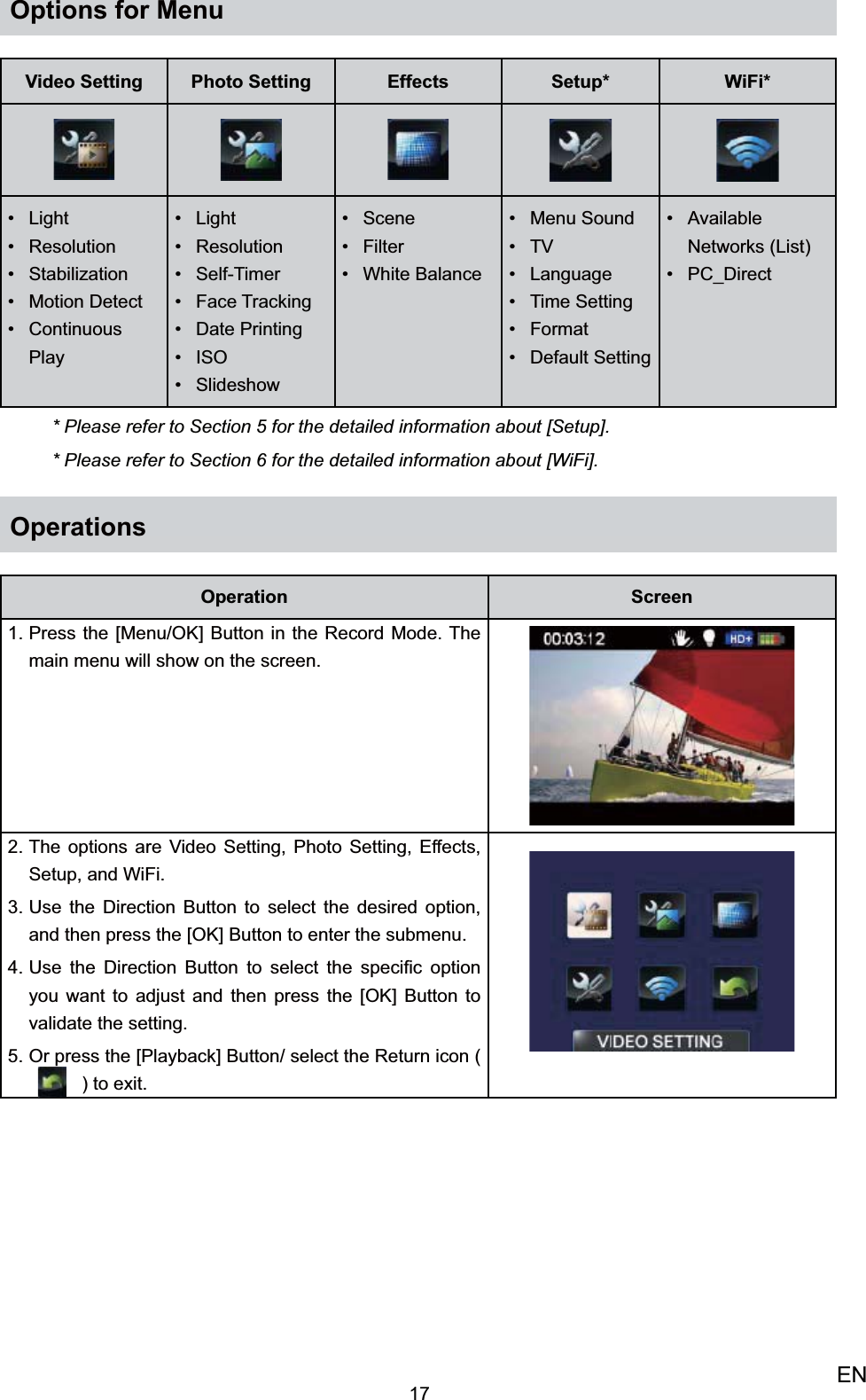 17ENOptions for MenuVideo Setting Photo Setting Effects Setup* WiFi*Light• Resolution• Stabilization• Motion Detect• Continuous • PlayLight• Resolution• Self-Timer• Face Tracking• Date Printing• ISO• Slideshow• Scene• Filter• White Balance• Menu Sound• TV• Language• Time Setting• Format• Default Setting• Available • Networks (List)PC_Direct• * Please refer to Section 5 for the detailed information about [Setup].* Please refer to Section 6 for the detailed information about [WiFi].Operations Operation ScreenPress the [Menu/OK] Button in the Record Mode. 1. The main menu will show on the screen. The options are Video Setting, Photo Setting, Effects, 2. Setup, and WiFi. Use the Direction Button to select the desired option, 3. and then press the [OK] Button to enter the submenu.Use the Direction Button4.   to select the speciﬁc option you want to adjust and then press the [OK] Button to validate the setting.Or press the [Playback] Button/ select the 5.  Return icon (  ) to exit.