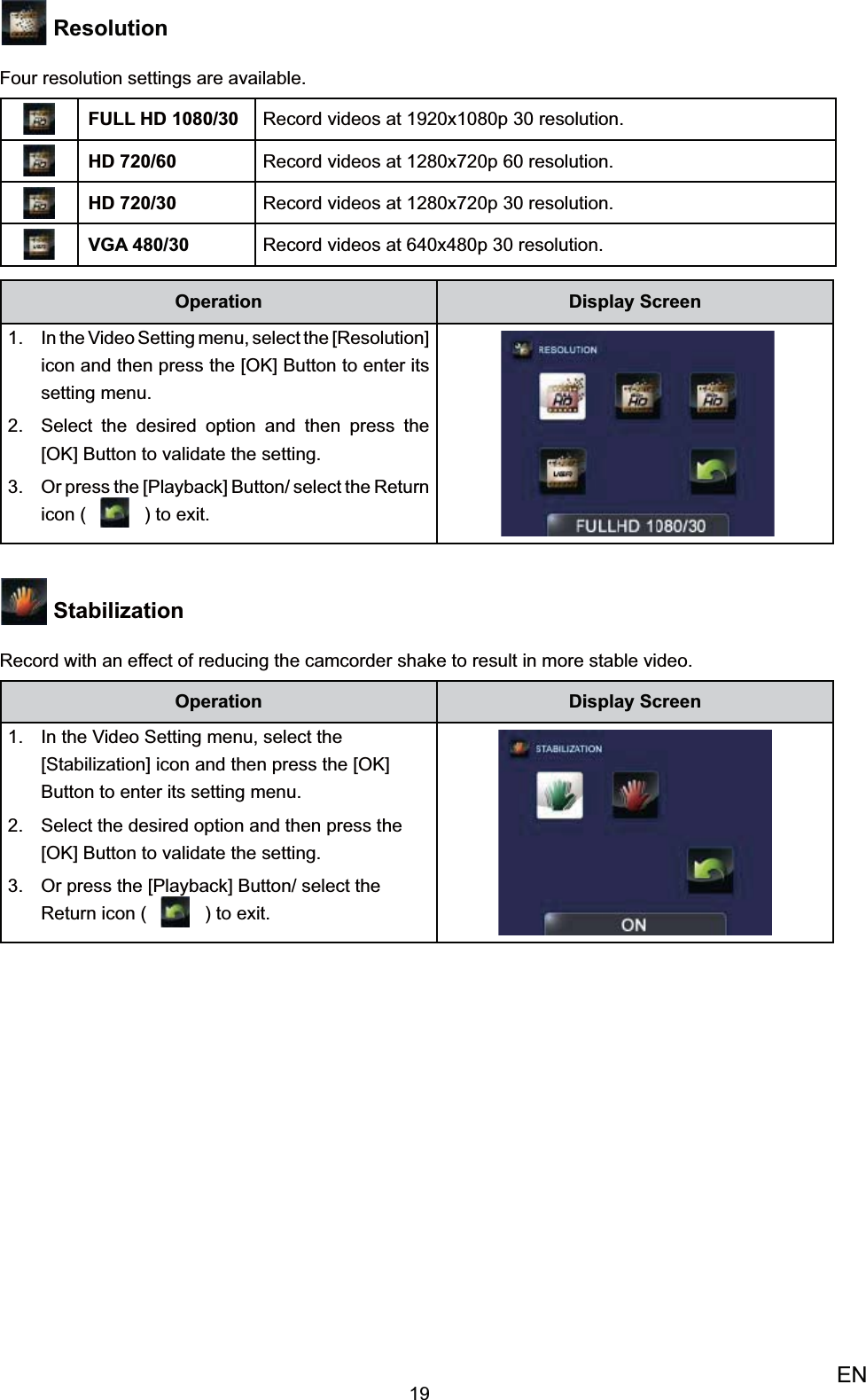 19EN ResolutionFour resolution settings are available.FULL HD 1080/30 Record videos at 1920x1080p 30 resolution.HD 720/60 Record videos at 1280x720p 60 resolution.HD 720/30 Record videos at 1280x720p 30 resolution.VGA 480/30 Record videos at 640x480p 30 resolution.Operation Display ScreenIn the Video Setting menu, select the [Resolution] 1. icon and then press the [OK] Button to enter its setting menu.Select the desired option 2.  and then press the [OK] Button to validate the setting. Or press the [Playback] Button/ select the 3. Return icon (   ) to exit.   Stabilization Record with an effect of reducing the camcorder shake to result in more stable video. Operation Display ScreenIn the Video Setting menu, select the 1. [Stabilization] icon and then press the [OK] Button to enter its setting menu.Select the desired option 2.  and then press the [OK] Button to validate the setting. Or press the [Playback] Button/ select the 3. Return icon (   ) to exit.