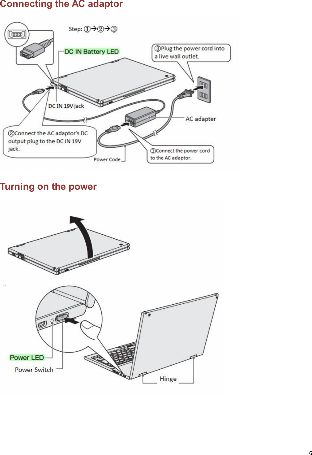 6  Connecting the AC adaptor  Turning on the power    