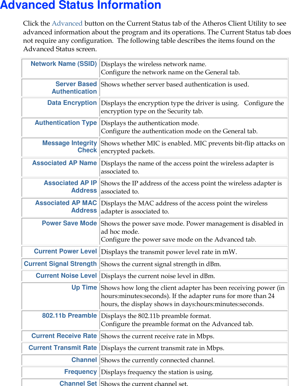     Advanced Status Information Click the Advanced button on the Current Status tab of the Atheros Client Utility to see advanced information about the program and its operations. The Current Status tab does not require any configuration.  The following table describes the items found on the Advanced Status screen. Network Name (SSID) Displays the wireless network name.   Configure the network name on the General tab. Server Based Authentication Shows whether server based authentication is used. Data Encryption Displays the encryption type the driver is using.   Configure the encryption type on the Security tab.  Authentication Type Displays the authentication mode.    Configure the authentication mode on the General tab. Message Integrity Check Shows whether MIC is enabled. MIC prevents bit-flip attacks on encrypted packets. Associated AP Name Displays the name of the access point the wireless adapter is associated to. Associated AP IP Address Shows the IP address of the access point the wireless adapter is associated to. Associated AP MAC Address Displays the MAC address of the access point the wireless adapter is associated to. Power Save Mode Shows the power save mode. Power management is disabled in ad hoc mode.  Configure the power save mode on the Advanced tab. Current Power Level Displays the transmit power level rate in mW.  Current Signal Strength Shows the current signal strength in dBm. Current Noise Level Displays the current noise level in dBm. Up Time Shows how long the client adapter has been receiving power (in hours:minutes:seconds). If the adapter runs for more than 24 hours, the display shows in days:hours:minutes:seconds. 802.11b Preamble Displays the 802.11b preamble format.   Configure the preamble format on the Advanced tab. Current Receive Rate Shows the current receive rate in Mbps. Current Transmit Rate Displays the current transmit rate in Mbps. Channel Shows the currently connected channel. Frequency Displays frequency the station is using. Channel Set Shows the current channel set. 