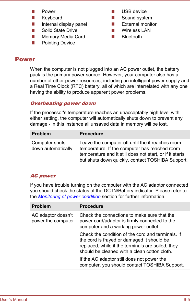 PowerKeyboardInternal display panelSolid State DriveMemory Media CardPointing DeviceUSB deviceSound systemExternal monitorWireless LANBluetoothPowerWhen the computer is not plugged into an AC power outlet, the batterypack is the primary power source. However, your computer also has anumber of other power resources, including an intelligent power supply anda Real Time Clock (RTC) battery, all of which are interrelated with any onehaving the ability to produce apparent power problems.Overheating power downIf the processor&apos;s temperature reaches an unacceptably high level witheither setting, the computer will automatically shuts down to prevent anydamage - in this instance all unsaved data in memory will be lost.Problem ProcedureComputer shutsdown automatically.Leave the computer off until the it reaches roomtemperature. If the computer has reached roomtemperature and it still does not start, or if it startsbut shuts down quickly, contact TOSHIBA Support.AC powerIf you have trouble turning on the computer with the AC adaptor connectedyou should check the status of the DC IN/Battery indicator. Please refer tothe Monitoring of power condition section for further information.Problem ProcedureAC adaptor doesn’tpower the computerCheck the connections to make sure that thepower cord/adaptor is firmly connected to thecomputer and a working power outlet.Check the condition of the cord and terminals. Ifthe cord is frayed or damaged it should bereplaced, while if the terminals are soiled, theyshould be cleaned with a clean cotton cloth.If the AC adaptor still does not power thecomputer, you should contact TOSHIBA Support.User&apos;s Manual 6-5