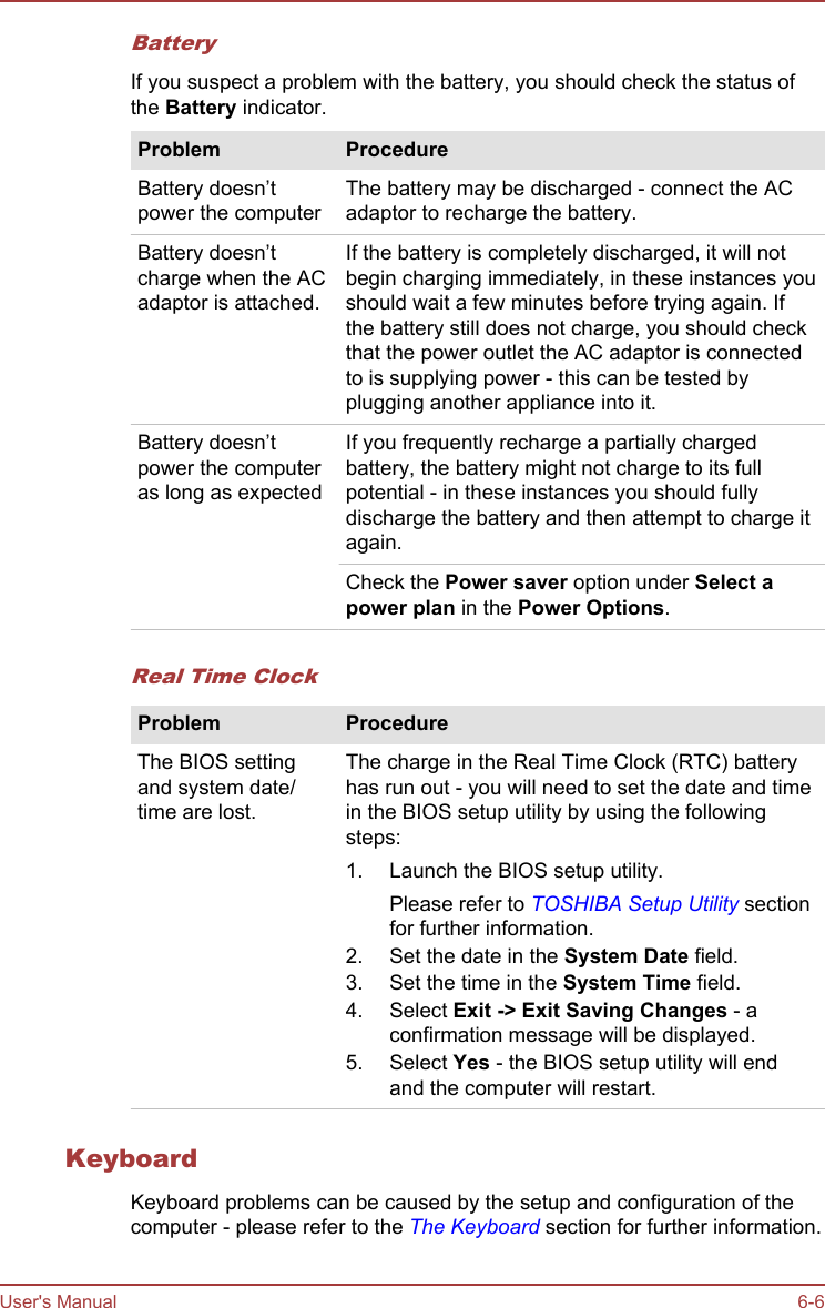 BatteryIf you suspect a problem with the battery, you should check the status ofthe Battery indicator.Problem ProcedureBattery doesn’tpower the computerThe battery may be discharged - connect the ACadaptor to recharge the battery.Battery doesn’tcharge when the ACadaptor is attached.If the battery is completely discharged, it will notbegin charging immediately, in these instances youshould wait a few minutes before trying again. Ifthe battery still does not charge, you should checkthat the power outlet the AC adaptor is connectedto is supplying power - this can be tested byplugging another appliance into it.Battery doesn’tpower the computeras long as expectedIf you frequently recharge a partially chargedbattery, the battery might not charge to its fullpotential - in these instances you should fullydischarge the battery and then attempt to charge itagain.Check the Power saver option under Select a power plan in the Power Options.Real Time ClockProblem ProcedureThe BIOS settingand system date/time are lost.The charge in the Real Time Clock (RTC) batteryhas run out - you will need to set the date and timein the BIOS setup utility by using the followingsteps:1. Launch the BIOS setup utility.Please refer to TOSHIBA Setup Utility sectionfor further information.2. Set the date in the System Date field.3. Set the time in the System Time field.4. Select Exit -&gt; Exit Saving Changes - aconfirmation message will be displayed.5. Select Yes - the BIOS setup utility will endand the computer will restart.KeyboardKeyboard problems can be caused by the setup and configuration of thecomputer - please refer to the The Keyboard section for further information.User&apos;s Manual 6-6