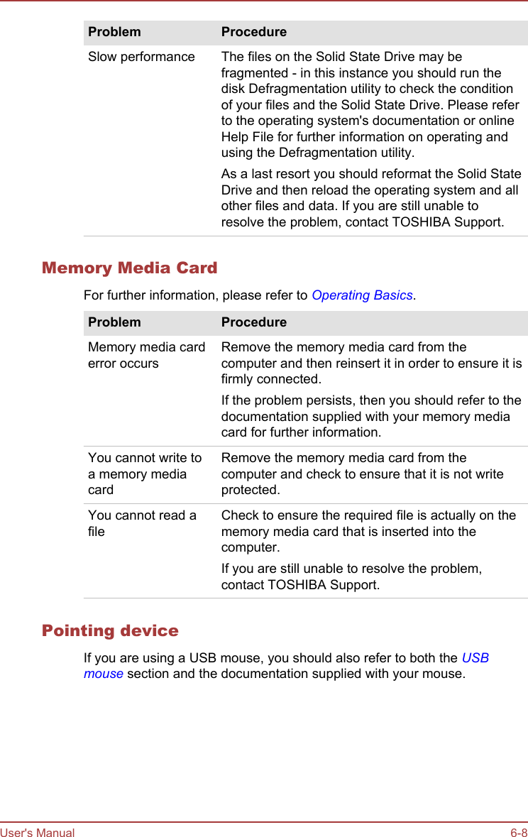 Problem ProcedureSlow performance The files on the Solid State Drive may befragmented - in this instance you should run thedisk Defragmentation utility to check the conditionof your files and the Solid State Drive. Please referto the operating system&apos;s documentation or onlineHelp File for further information on operating andusing the Defragmentation utility.As a last resort you should reformat the Solid StateDrive and then reload the operating system and allother files and data. If you are still unable toresolve the problem, contact TOSHIBA Support.Memory Media CardFor further information, please refer to Operating Basics.Problem ProcedureMemory media carderror occursRemove the memory media card from thecomputer and then reinsert it in order to ensure it isfirmly connected.If the problem persists, then you should refer to thedocumentation supplied with your memory mediacard for further information.You cannot write toa memory mediacardRemove the memory media card from thecomputer and check to ensure that it is not writeprotected.You cannot read afileCheck to ensure the required file is actually on thememory media card that is inserted into thecomputer.If you are still unable to resolve the problem,contact TOSHIBA Support.Pointing deviceIf you are using a USB mouse, you should also refer to both the USBmouse section and the documentation supplied with your mouse.User&apos;s Manual 6-8