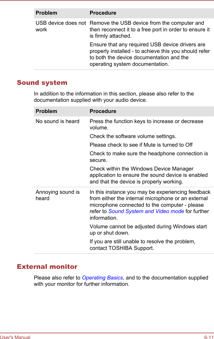 Problem ProcedureUSB device does notworkRemove the USB device from the computer andthen reconnect it to a free port in order to ensure itis firmly attached.Ensure that any required USB device drivers areproperly installed - to achieve this you should referto both the device documentation and theoperating system documentation.Sound systemIn addition to the information in this section, please also refer to thedocumentation supplied with your audio device.Problem ProcedureNo sound is heard Press the function keys to increase or decreasevolume.Check the software volume settings.Please check to see if Mute is turned to OffCheck to make sure the headphone connection issecure.Check within the Windows Device Managerapplication to ensure the sound device is enabledand that the device is properly working.Annoying sound isheardIn this instance you may be experiencing feedbackfrom either the internal microphone or an externalmicrophone connected to the computer - pleaserefer to Sound System and Video mode for furtherinformation.Volume cannot be adjusted during Windows startup or shut down.If you are still unable to resolve the problem,contact TOSHIBA Support.External monitorPlease also refer to Operating Basics, and to the documentation suppliedwith your monitor for further information.User&apos;s Manual 6-11