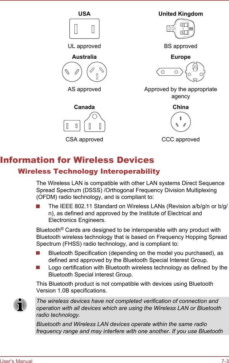 USAUL approvedUnited KingdomBS approvedAustraliaAS approvedEuropeApproved by the appropriateagencyCanadaCSA approvedChinaCCC approvedInformation for Wireless DevicesWireless Technology InteroperabilityThe Wireless LAN is compatible with other LAN systems Direct SequenceSpread Spectrum (DSSS) /Orthogonal Frequency Division Multiplexing(OFDM) radio technology, and is compliant to:The IEEE 802.11 Standard on Wireless LANs (Revision a/b/g/n or b/g/n), as defined and approved by the Institute of Electrical andElectronics Engineers.Bluetooth® Cards are designed to be interoperable with any product withBluetooth wireless technology that is based on Frequency Hopping SpreadSpectrum (FHSS) radio technology, and is compliant to:Bluetooth Specification (depending on the model you purchased), asdefined and approved by the Bluetooth Special Interest Group.Logo certification with Bluetooth wireless technology as defined by theBluetooth Special interest Group.This Bluetooth product is not compatible with devices using BluetoothVersion 1.0B specifications.The wireless devices have not completed verification of connection andoperation with all devices which are using the Wireless LAN or Bluetoothradio technology.Bluetooth and Wireless LAN devices operate within the same radiofrequency range and may interfere with one another. If you use BluetoothUser&apos;s Manual 7-3