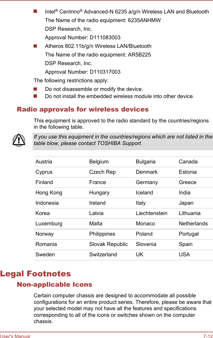 Intel® Centrino® Advanced-N 6235 a/g/n Wireless LAN and BluetoothThe Name of the radio equipment: 6235ANHMWDSP Research, Inc.Approval Number: D111083003Atheros 802.11b/g/n Wireless LAN/BluetoothThe Name of the radio equipment: AR5B225DSP Research, Inc.Approval Number: D110317003The following restrictions apply:Do not disassemble or modify the device.Do not install the embedded wireless module into other device.Radio approvals for wireless devicesThis equipment is approved to the radio standard by the countries/regionsin the following table.If you use this equipment in the countries/regions which are not listed in thetable blow, please contact TOSHIBA Support.Austria Belgium Bulgaria CanadaCyprus Czech Rep Denmark EstoniaFinland France Germany GreeceHong Kong Hungary Iceland IndiaIndonesia Ireland Italy JapanKorea Latvia Liechtenstein LithuaniaLuxemburg Malta Monaco NetherlandsNorway Philippines Poland PortugalRomania Slovak Republic Slovenia SpainSweden Switzerland UK USALegal FootnotesNon-applicable IconsCertain computer chassis are designed to accommodate all possibleconfigurations for an entire product series. Therefore, please be aware thatyour selected model may not have all the features and specificationscorresponding to all of the icons or switches shown on the computerchassis.User&apos;s Manual 7-12