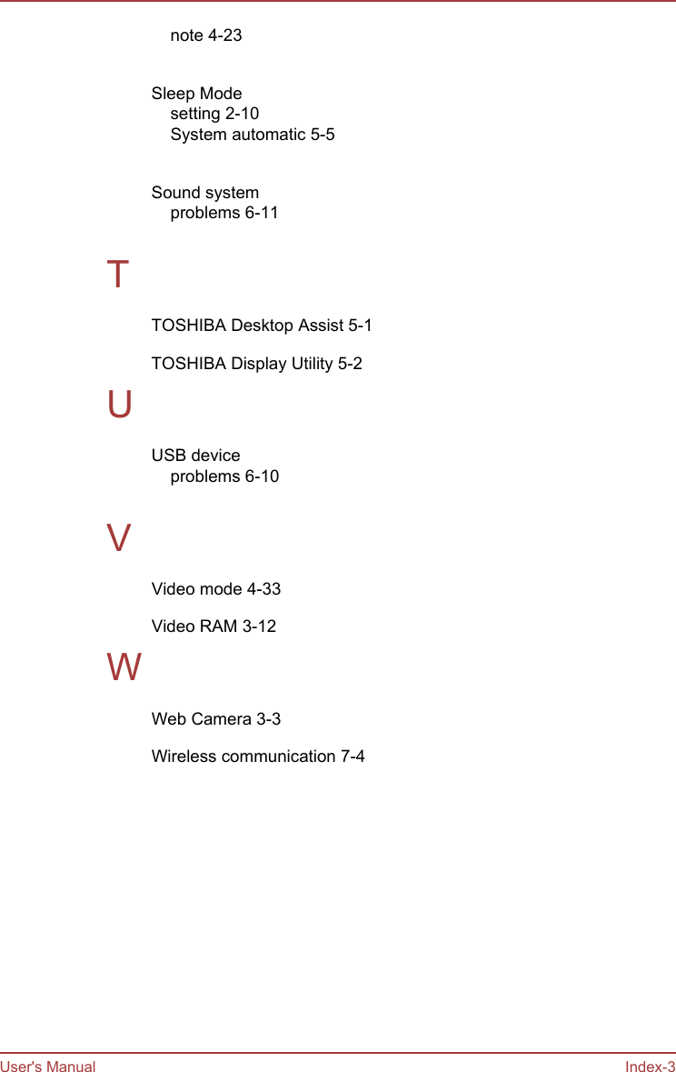 note 4-23 Sleep Modesetting 2-10System automatic 5-5 Sound systemproblems 6-11 TTOSHIBA Desktop Assist 5-1TOSHIBA Display Utility 5-2UUSB deviceproblems 6-10 VVideo mode 4-33Video RAM 3-12WWeb Camera 3-3Wireless communication 7-4User&apos;s Manual Index-3