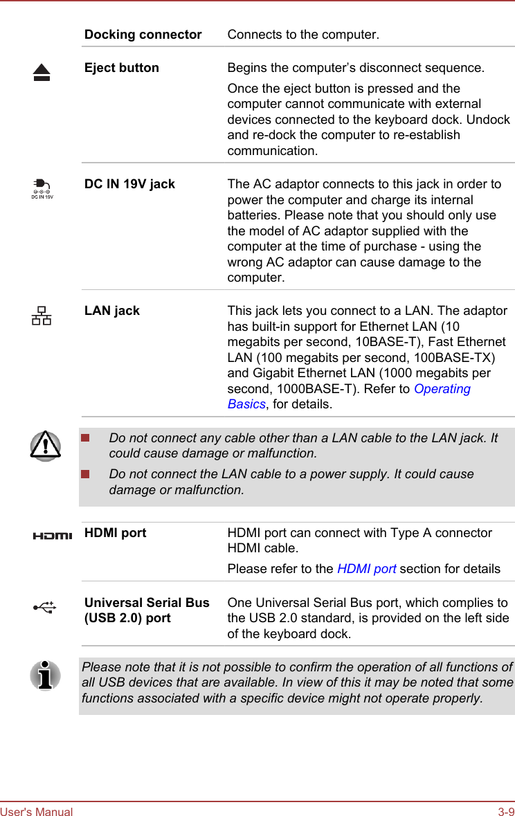 Docking connector Connects to the computer.Eject button Begins the computer’s disconnect sequence.Once the eject button is pressed and thecomputer cannot communicate with externaldevices connected to the keyboard dock. Undockand re-dock the computer to re-establishcommunication.DC IN 19V jack The AC adaptor connects to this jack in order topower the computer and charge its internalbatteries. Please note that you should only usethe model of AC adaptor supplied with thecomputer at the time of purchase - using thewrong AC adaptor can cause damage to thecomputer.LAN jack This jack lets you connect to a LAN. The adaptorhas built-in support for Ethernet LAN (10megabits per second, 10BASE-T), Fast EthernetLAN (100 megabits per second, 100BASE-TX)and Gigabit Ethernet LAN (1000 megabits persecond, 1000BASE-T). Refer to OperatingBasics, for details.Do not connect any cable other than a LAN cable to the LAN jack. Itcould cause damage or malfunction.Do not connect the LAN cable to a power supply. It could causedamage or malfunction.HDMI port HDMI port can connect with Type A connectorHDMI cable.Please refer to the HDMI port section for detailsUniversal Serial Bus(USB 2.0) portOne Universal Serial Bus port, which complies tothe USB 2.0 standard, is provided on the left sideof the keyboard dock.Please note that it is not possible to confirm the operation of all functions ofall USB devices that are available. In view of this it may be noted that somefunctions associated with a specific device might not operate properly.User&apos;s Manual 3-9