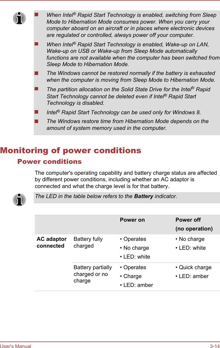 When Intel® Rapid Start Technology is enabled, switching from SleepMode to Hibernation Mode consumes power. When you carry yourcomputer aboard on an aircraft or in places where electronic devicesare regulated or controlled, always power off your computer.When Intel® Rapid Start Technology is enabled, Wake-up on LAN,Wake-up on USB or Wake-up from Sleep Mode automaticallyfunctions are not available when the computer has been switched fromSleep Mode to Hibernation Mode.The Windows cannot be restored normally if the battery is exhaustedwhen the computer is moving from Sleep Mode to Hibernation Mode.The partition allocation on the Solid State Drive for the Intel® RapidStart Technology cannot be deleted even if Intel® Rapid StartTechnology is disabled.Intel® Rapid Start Technology can be used only for Windows 8.The Windows restore time from Hibernation Mode depends on theamount of system memory used in the computer.Monitoring of power conditionsPower conditionsThe computer&apos;s operating capability and battery charge status are affectedby different power conditions, including whether an AC adaptor isconnected and what the charge level is for that battery.The LED in the table below refers to the Battery indicator.    Power on Power off(no operation)AC adaptorconnectedBattery fullycharged• Operates• No charge• LED: white• No charge• LED: whiteBattery partiallycharged or nocharge• Operates• Charge• LED: amber• Quick charge• LED: amberUser&apos;s Manual 3-14