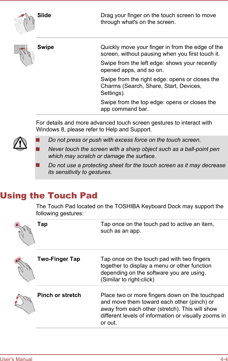 Slide Drag your finger on the touch screen to movethrough what&apos;s on the screen.Swipe Quickly move your finger in from the edge of thescreen, without pausing when you first touch it.Swipe from the left edge: shows your recentlyopened apps, and so on.Swipe from the right edge: opens or closes theCharms (Search, Share, Start, Devices,Settings).Swipe from the top edge: opens or closes theapp command bar.For details and more advanced touch screen gestures to interact withWindows 8, please refer to Help and Support.Do not press or push with excess force on the touch screen.Never touch the screen with a sharp object such as a ball-point penwhich may scratch or damage the surface.Do not use a protecting sheet for the touch screen as it may decreaseits sensitivity to gestures.Using the Touch PadThe Touch Pad located on the TOSHIBA Keyboard Dock may support thefollowing gestures:Tap Tap once on the touch pad to active an item,such as an app.Two-Finger Tap Tap once on the touch pad with two fingerstogether to display a menu or other functiondepending on the software you are using.(Similar to right-click)Pinch or stretch Place two or more fingers down on the touchpadand move them toward each other (pinch) oraway from each other (stretch). This will showdifferent levels of information or visually zooms inor out.User&apos;s Manual 4-4