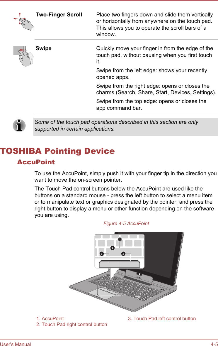 Two-Finger Scroll Place two fingers down and slide them verticallyor horizontally from anywhere on the touch pad.This allows you to operate the scroll bars of awindow.Swipe Quickly move your finger in from the edge of thetouch pad, without pausing when you first touchit.Swipe from the left edge: shows your recentlyopened apps.Swipe from the right edge: opens or closes thecharms (Search, Share, Start, Devices, Settings).Swipe from the top edge: opens or closes theapp command bar.Some of the touch pad operations described in this section are onlysupported in certain applications.TOSHIBA Pointing DeviceAccuPointTo use the AccuPoint, simply push it with your finger tip in the direction youwant to move the on-screen pointer.The Touch Pad control buttons below the AccuPoint are used like thebuttons on a standard mouse - press the left button to select a menu itemor to manipulate text or graphics designated by the pointer, and press theright button to display a menu or other function depending on the softwareyou are using.Figure 4-5 AccuPoint3121. AccuPoint 3. Touch Pad left control button2. Touch Pad right control button  User&apos;s Manual 4-5