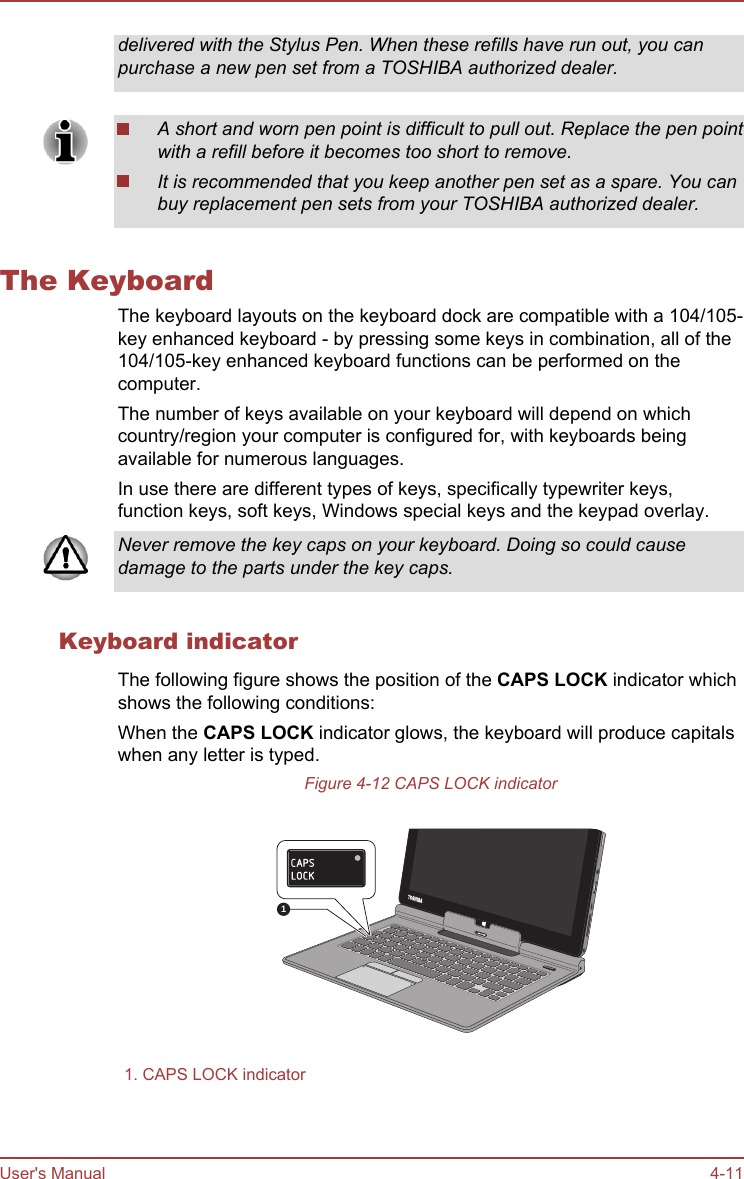 delivered with the Stylus Pen. When these refills have run out, you canpurchase a new pen set from a TOSHIBA authorized dealer.A short and worn pen point is difficult to pull out. Replace the pen pointwith a refill before it becomes too short to remove.It is recommended that you keep another pen set as a spare. You canbuy replacement pen sets from your TOSHIBA authorized dealer.The KeyboardThe keyboard layouts on the keyboard dock are compatible with a 104/105-key enhanced keyboard - by pressing some keys in combination, all of the104/105-key enhanced keyboard functions can be performed on thecomputer.The number of keys available on your keyboard will depend on whichcountry/region your computer is configured for, with keyboards beingavailable for numerous languages.In use there are different types of keys, specifically typewriter keys,function keys, soft keys, Windows special keys and the keypad overlay.Never remove the key caps on your keyboard. Doing so could causedamage to the parts under the key caps.Keyboard indicatorThe following figure shows the position of the CAPS LOCK indicator whichshows the following conditions:When the CAPS LOCK indicator glows, the keyboard will produce capitalswhen any letter is typed.Figure 4-12 CAPS LOCK indicator11. CAPS LOCK indicatorUser&apos;s Manual 4-11