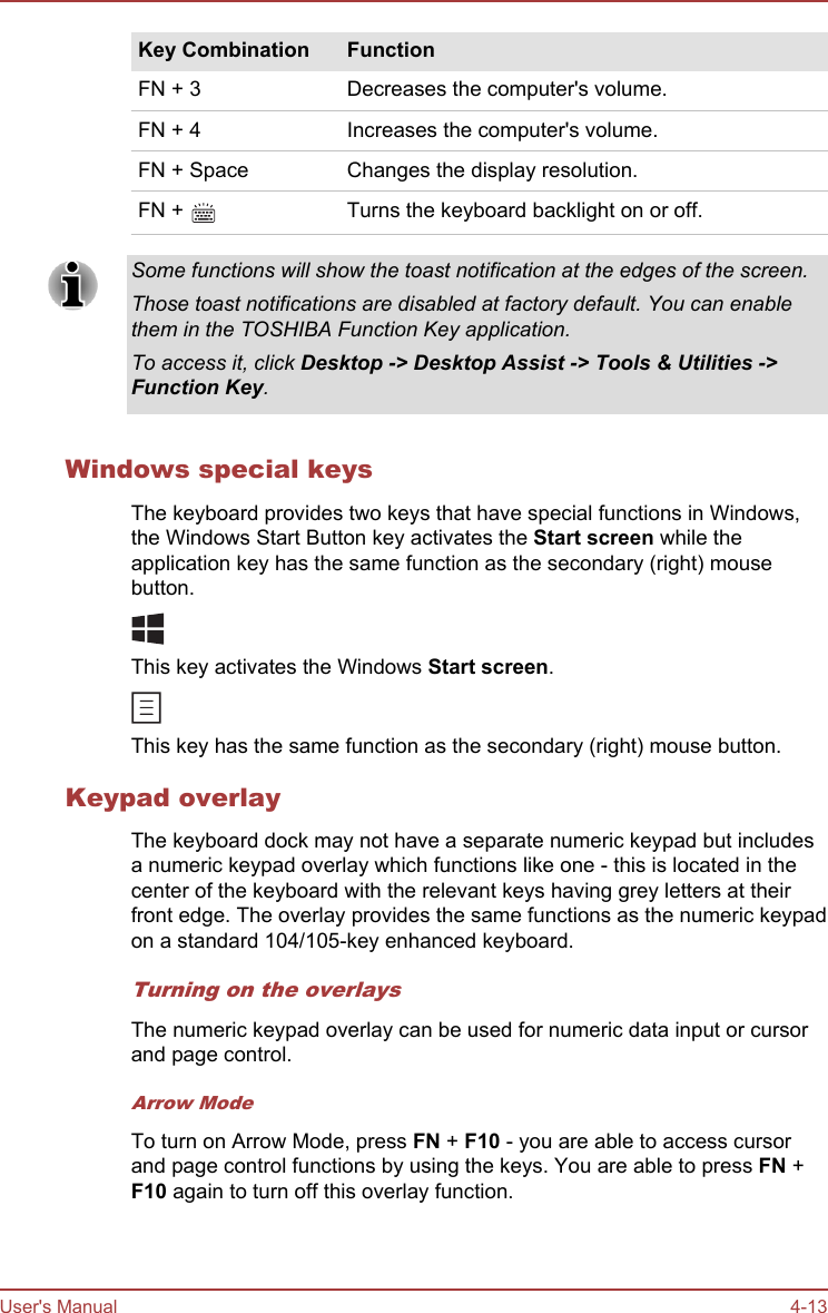 Key Combination FunctionFN + 3 Decreases the computer&apos;s volume.FN + 4 Increases the computer&apos;s volume.FN + Space Changes the display resolution.FN +  Turns the keyboard backlight on or off.Some functions will show the toast notification at the edges of the screen.Those toast notifications are disabled at factory default. You can enablethem in the TOSHIBA Function Key application.To access it, click Desktop -&gt; Desktop Assist -&gt; Tools &amp; Utilities -&gt;Function Key.Windows special keysThe keyboard provides two keys that have special functions in Windows,the Windows Start Button key activates the Start screen while theapplication key has the same function as the secondary (right) mousebutton.This key activates the Windows Start screen.This key has the same function as the secondary (right) mouse button.Keypad overlayThe keyboard dock may not have a separate numeric keypad but includesa numeric keypad overlay which functions like one - this is located in thecenter of the keyboard with the relevant keys having grey letters at theirfront edge. The overlay provides the same functions as the numeric keypadon a standard 104/105-key enhanced keyboard.Turning on the overlaysThe numeric keypad overlay can be used for numeric data input or cursorand page control.Arrow ModeTo turn on Arrow Mode, press FN + F10 - you are able to access cursorand page control functions by using the keys. You are able to press FN +F10 again to turn off this overlay function.User&apos;s Manual 4-13