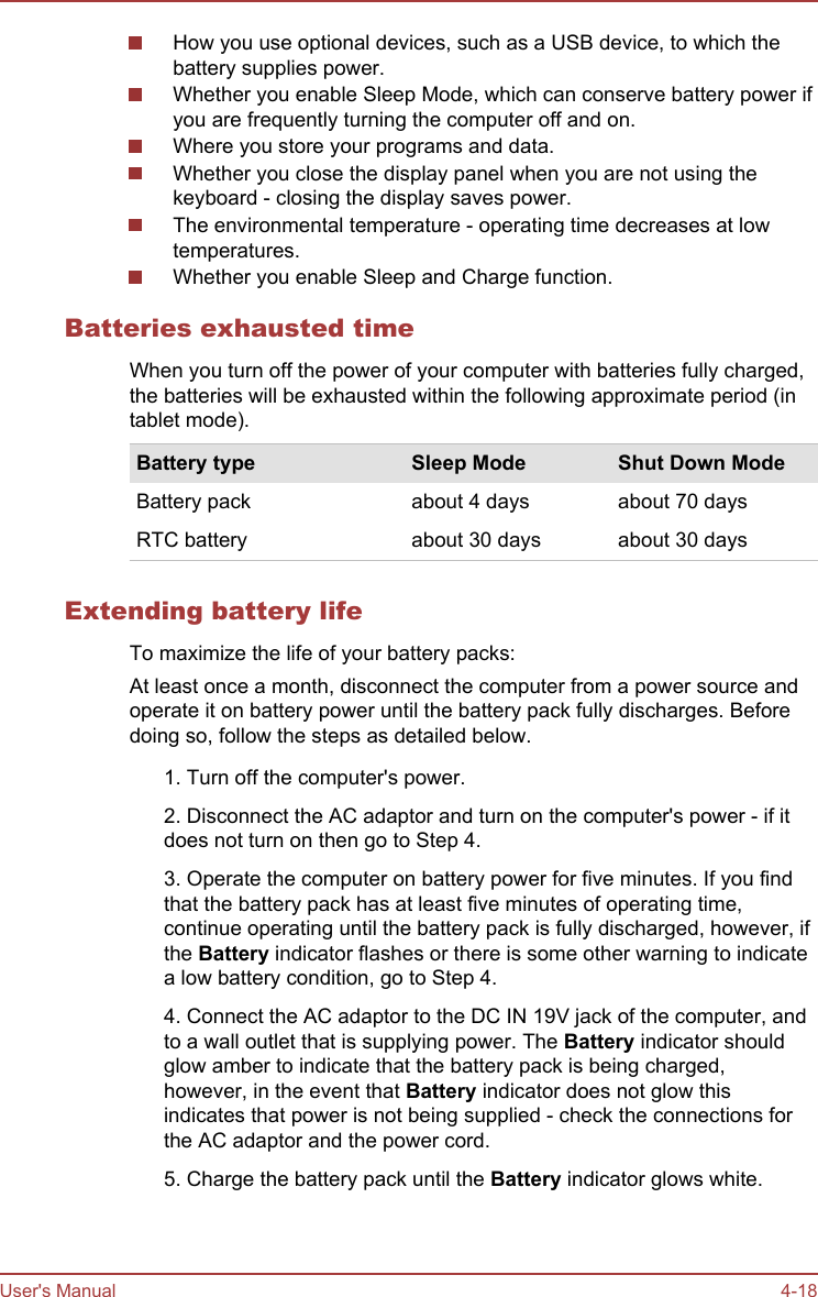 How you use optional devices, such as a USB device, to which thebattery supplies power.Whether you enable Sleep Mode, which can conserve battery power ifyou are frequently turning the computer off and on.Where you store your programs and data.Whether you close the display panel when you are not using thekeyboard - closing the display saves power.The environmental temperature - operating time decreases at lowtemperatures.Whether you enable Sleep and Charge function.Batteries exhausted timeWhen you turn off the power of your computer with batteries fully charged,the batteries will be exhausted within the following approximate period (intablet mode).Battery type Sleep Mode Shut Down ModeBattery pack about 4 days about 70 daysRTC battery about 30 days about 30 daysExtending battery lifeTo maximize the life of your battery packs:At least once a month, disconnect the computer from a power source andoperate it on battery power until the battery pack fully discharges. Beforedoing so, follow the steps as detailed below.1. Turn off the computer&apos;s power.2. Disconnect the AC adaptor and turn on the computer&apos;s power - if itdoes not turn on then go to Step 4.3. Operate the computer on battery power for five minutes. If you findthat the battery pack has at least five minutes of operating time,continue operating until the battery pack is fully discharged, however, ifthe Battery indicator flashes or there is some other warning to indicatea low battery condition, go to Step 4.4. Connect the AC adaptor to the DC IN 19V jack of the computer, andto a wall outlet that is supplying power. The Battery indicator shouldglow amber to indicate that the battery pack is being charged,however, in the event that Battery indicator does not glow thisindicates that power is not being supplied - check the connections forthe AC adaptor and the power cord.5. Charge the battery pack until the Battery indicator glows white.User&apos;s Manual 4-18