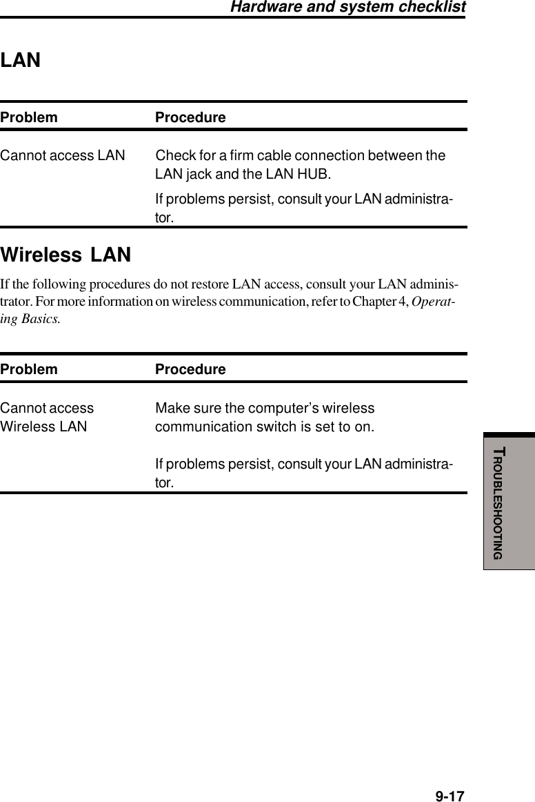   9-17TROUBLESHOOTINGLANProblem ProcedureCannot access LAN Check for a firm cable connection between theLAN jack and the LAN HUB.If problems persist, consult your LAN administra-tor.Wireless LANIf the following procedures do not restore LAN access, consult your LAN adminis-trator. For more information on wireless communication, refer to Chapter 4, Operat-ing Basics.Problem ProcedureCannot access Make sure the computer’s wirelessWireless LAN communication switch is set to on.If problems persist, consult your LAN administra-tor.Hardware and system checklist