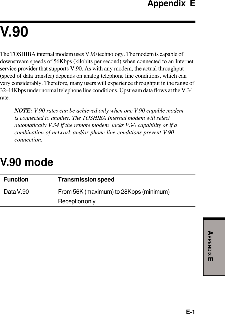 E-1APPENDIX EAppendix EV.90The TOSHIBA internal modem uses V.90 technology. The modem is capable ofdownstream speeds of 56Kbps (kilobits per second) when connected to an Internetservice provider that supports V.90. As with any modem, the actual throughput(speed of data transfer) depends on analog telephone line conditions, which canvary considerably. Therefore, many users will experience throughput in the range of32-44Kbps under normal telephone line conditions. Upstream data flows at the V.34rate.NOTE: V.90 rates can be achieved only when one V.90 capable modemis connected to another. The TOSHIBA Internal modem will selectautomatically V.34 if the remote modem  lacks V.90 capability or if acombination of network and/or phone line conditions prevent V.90connection.V.90 modeFunction Transmission speedData V.90 From 56K (maximum) to 28Kbps (minimum)Reception only