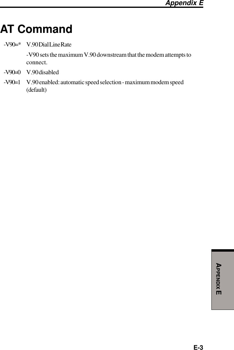 E-3APPENDIX EAT Command-V90=* V.90 Dial Line Rate-V90 sets the maximum V.90 downstream that the modem attempts toconnect.-V90=0 V.90 disabled-V90=1 V.90 enabled: automatic speed selection - maximum modem speed(default)Appendix E