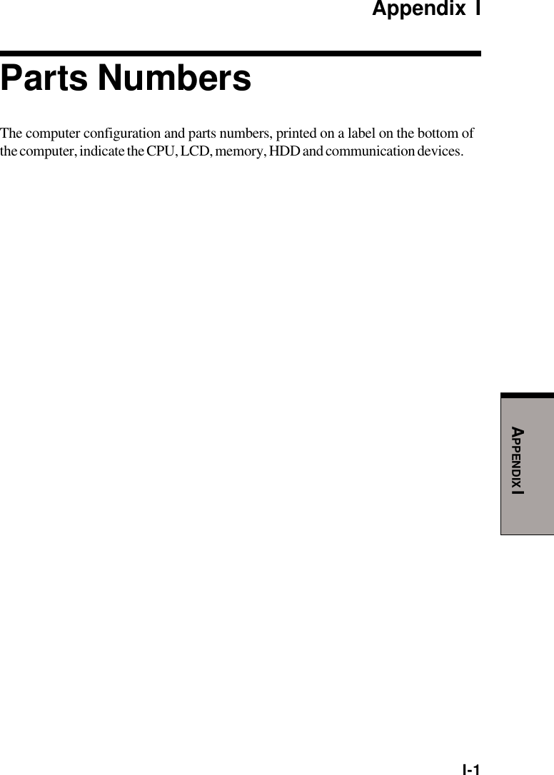 APPENDIX II-1Appendix IParts NumbersThe computer configuration and parts numbers, printed on a label on the bottom ofthe computer, indicate the CPU, LCD, memory, HDD and communication devices.