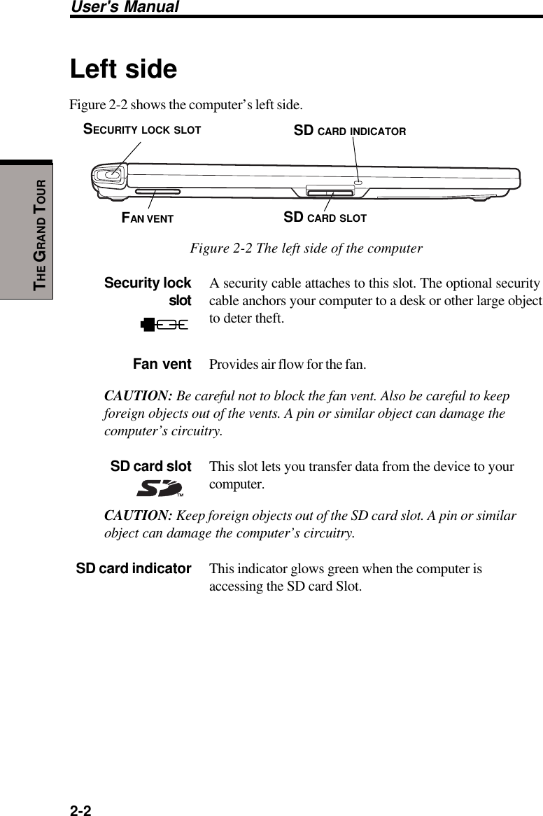 User&apos;s Manual2-2THE GRAND TOURSECURITY LOCK SLOTLeft sideFigure 2-2 shows the computer’s left side.Figure 2-2 The left side of the computerSecurity lock A security cable attaches to this slot. The optional securityslot cable anchors your computer to a desk or other large objectto deter theft.Fan vent Provides air flow for the fan.CAUTION: Be careful not to block the fan vent. Also be careful to keepforeign objects out of the vents. A pin or similar object can damage thecomputer’s circuitry. SD card slot This slot lets you transfer data from the device to yourcomputer.CAUTION: Keep foreign objects out of the SD card slot. A pin or similarobject can damage the computer’s circuitry.SD card indicator This indicator glows green when the computer isaccessing the SD card Slot.SD CARD SLOTSD CARD INDICATORFAN VENT