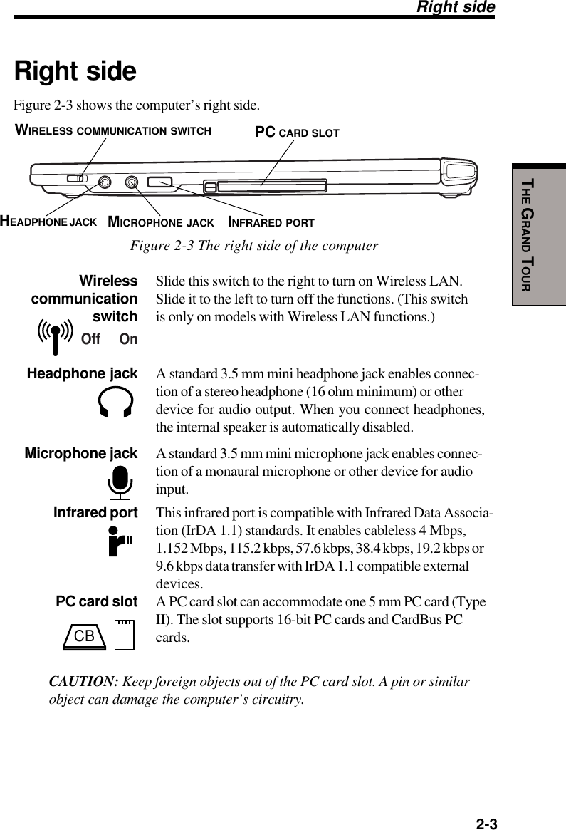   2-3THE GRAND TOURRight sideFigure 2-3 shows the computer’s right side.Figure 2-3 The right side of the computerWireless Slide this switch to the right to turn on Wireless LAN. communication Slide it to the left to turn off the functions. (This switch      switch is only on models with Wireless LAN functions.)Headphone jack A standard 3.5 mm mini headphone jack enables connec-tion of a stereo headphone (16 ohm minimum) or otherdevice for audio output. When you connect headphones,the internal speaker is automatically disabled.Microphone jack A standard 3.5 mm mini microphone jack enables connec-tion of a monaural microphone or other device for audioinput.Infrared port This infrared port is compatible with Infrared Data Associa-tion (IrDA 1.1) standards. It enables cableless 4 Mbps,1.152 Mbps, 115.2 kbps, 57.6 kbps, 38.4 kbps, 19.2 kbps or9.6 kbps data transfer with IrDA 1.1 compatible externaldevices.PC card slot A PC card slot can accommodate one 5 mm PC card (TypeII). The slot supports 16-bit PC cards and CardBus PCcards.CAUTION: Keep foreign objects out of the PC card slot. A pin or similarobject can damage the computer’s circuitry.Right sideMICROPHONE JACKHEADPHONE JACKPC CARD SLOTINFRARED PORTWIRELESS COMMUNICATION SWITCHOff     OnCB