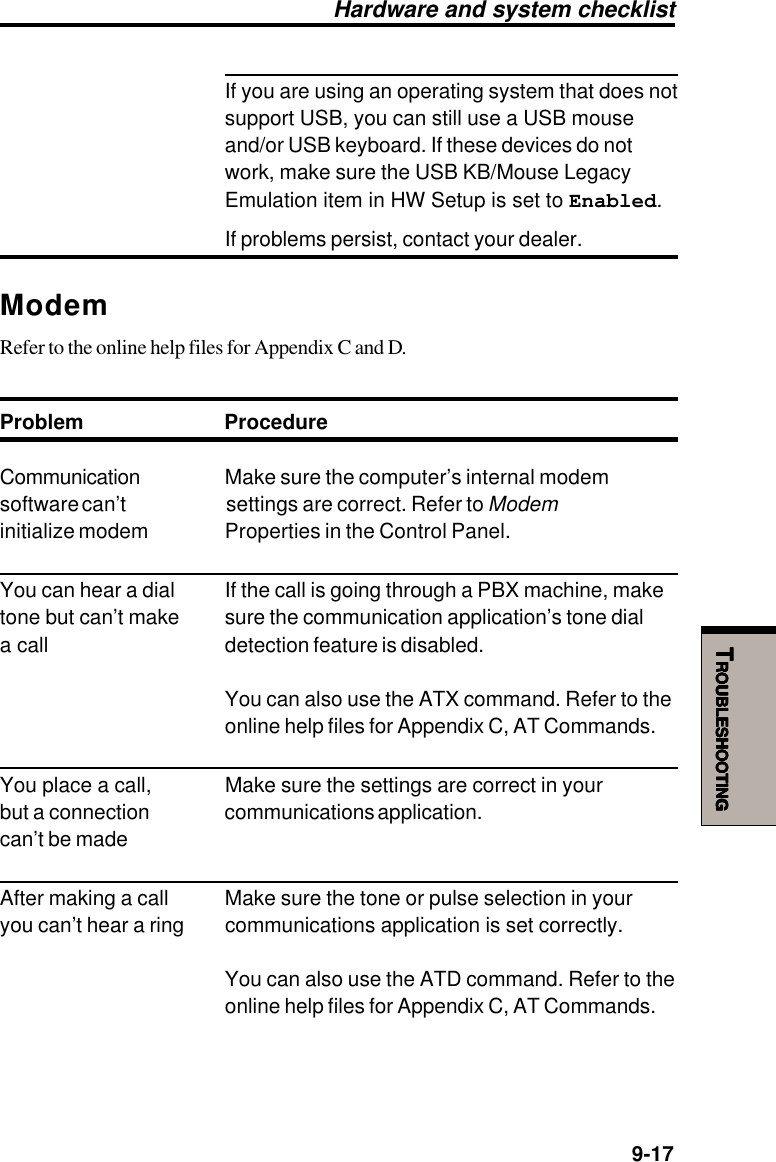   9-17TTTTTROUBLESHOOTINGROUBLESHOOTINGROUBLESHOOTINGROUBLESHOOTINGROUBLESHOOTINGIf you are using an operating system that does notsupport USB, you can still use a USB mouseand/or USB keyboard. If these devices do notwork, make sure the USB KB/Mouse LegacyEmulation item in HW Setup is set to Enabled.If problems persist, contact your dealer.ModemRefer to the online help files for Appendix C and D.Problem ProcedureCommunication Make sure the computer’s internal modemsoftware can’t settings are correct. Refer to Modeminitialize modem Properties in the Control Panel.You can hear a dial If the call is going through a PBX machine, maketone but can’t make sure the communication application’s tone diala call detection feature is disabled.You can also use the ATX command. Refer to theonline help files for Appendix C, AT Commands.You place a call, Make sure the settings are correct in yourbut a connection communications application.can’t be madeAfter making a call Make sure the tone or pulse selection in youryou can’t hear a ring communications application is set correctly.You can also use the ATD command. Refer to theonline help files for Appendix C, AT Commands.Hardware and system checklist