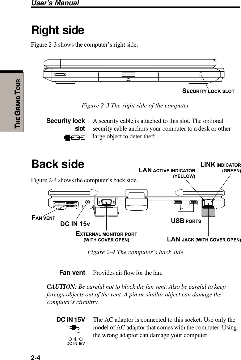 User&apos;s Manual2-4TTTTTHEHEHEHEHE G G G G GRANDRANDRANDRANDRAND T T T T TOUROUROUROUROURRight sideFigure 2-3 shows the computer’s right side.Figure 2-3 The right side of the computerSecurity lock A security cable is attached to this slot. The optionalslot security cable anchors your computer to a desk or otherlarge object to deter theft.Fan vent Provides air flow for the fan.CAUTION: Be careful not to block the fan vent. Also be careful to keepforeign objects out of the vent. A pin or similar object can damage thecomputer’s circuitry.DC IN 15V The AC adaptor is connected to this socket. Use only themodel of AC adaptor that comes with the computer. Usingthe wrong adaptor can damage your computer.Figure 2-4 The computer’s back sideBack sideFigure 2-4 shows the computer’s back side.SECURITY LOCK SLOTLAN ACTIVE INDICATOR(YELLOW)LINK INDICATOR(GREEN)USB PORTSLAN JACK (WITH COVER OPEN)EXTERNAL MONITOR PORT(WITH COVER OPEN)DC IN 15vFAN VENT