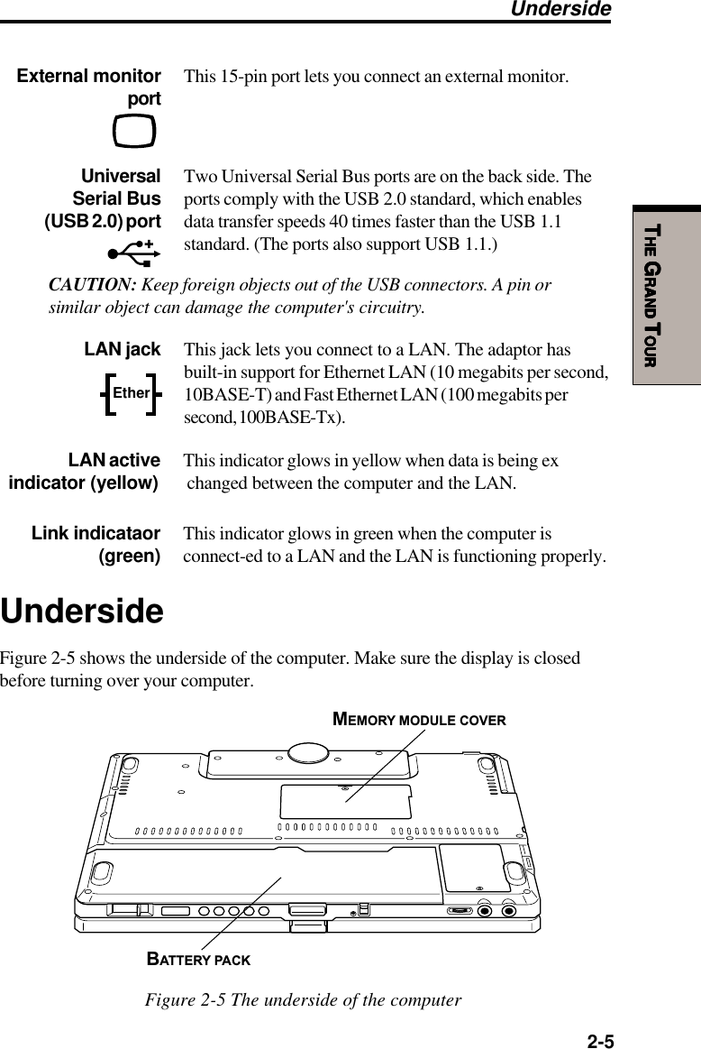   2-5TTTTTHEHEHEHEHE G G G G GRANDRANDRANDRANDRAND T T T T TOUROUROUROUROURUndersideUndersideFigure 2-5 shows the underside of the computer. Make sure the display is closedbefore turning over your computer.Figure 2-5 The underside of the computerLink indicataor This indicator glows in green when the computer is                  (green) connect-ed to a LAN and the LAN is functioning properly.Ether LAN jack This jack lets you connect to a LAN. The adaptor hasbuilt-in support for Ethernet LAN (10 megabits per second,10BASE-T) and Fast Ethernet LAN (100 megabits persecond, 100BASE-Tx).External monitor This 15-pin port lets you connect an external monitor.portUniversal Two Universal Serial Bus ports are on the back side. TheSerial Bus ports comply with the USB 2.0 standard, which enables(USB 2.0) port data transfer speeds 40 times faster than the USB 1.1standard. (The ports also support USB 1.1.)CAUTION: Keep foreign objects out of the USB connectors. A pin orsimilar object can damage the computer&apos;s circuitry.LAN active This indicator glows in yellow when data is being ex indicator (yellow)      changed between the computer and the LAN.MEMORY MODULE COVERBATTERY PACK