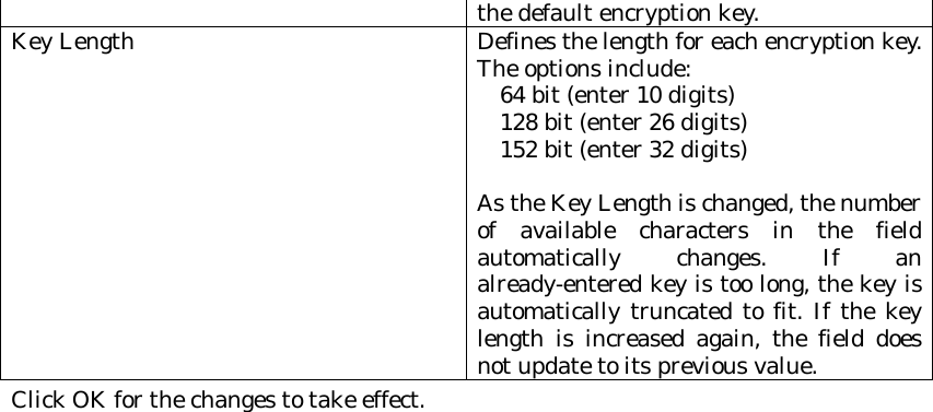 the default encryption key. Key Length Defines the length for each encryption key. The options include:     64 bit (enter 10 digits)       128 bit (enter 26 digits)       152 bit (enter 32 digits)    As the Key Length is changed, the number of available characters in the field automatically changes. If an already-entered key is too long, the key is automatically truncated to fit. If the key length is increased again, the field does not update to its previous value. Click OK for the changes to take effect.  