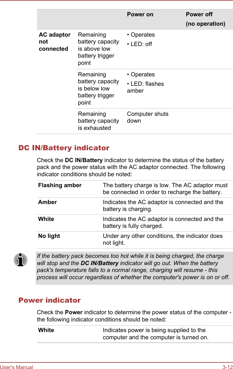     Power on Power off(no operation)AC adaptornotconnectedRemainingbattery capacityis above lowbattery triggerpoint• Operates• LED: offRemainingbattery capacityis below lowbattery triggerpoint• Operates• LED: flashesamberRemainingbattery capacityis exhaustedComputer shutsdownDC IN/Battery indicatorCheck the DC IN/Battery indicator to determine the status of the batterypack and the power status with the AC adaptor connected. The followingindicator conditions should be noted:Flashing amber The battery charge is low. The AC adaptor mustbe connected in order to recharge the battery.Amber Indicates the AC adaptor is connected and thebattery is charging.White Indicates the AC adaptor is connected and thebattery is fully charged.No light Under any other conditions, the indicator doesnot light.If the battery pack becomes too hot while it is being charged, the chargewill stop and the DC IN/Battery indicator will go out. When the batterypack&apos;s temperature falls to a normal range, charging will resume - thisprocess will occur regardless of whether the computer&apos;s power is on or off.Power indicatorCheck the Power indicator to determine the power status of the computer -the following indicator conditions should be noted:White Indicates power is being supplied to thecomputer and the computer is turned on.User&apos;s Manual 3-12