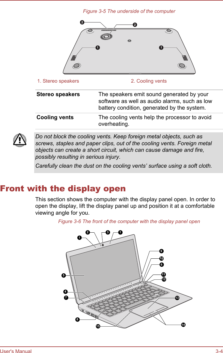 Figure 3-5 The underside of the computer11221. Stereo speakers 2. Cooling ventsStereo speakers The speakers emit sound generated by yoursoftware as well as audio alarms, such as lowbattery condition, generated by the system.Cooling vents The cooling vents help the processor to avoidoverheating.Do not block the cooling vents. Keep foreign metal objects, such asscrews, staples and paper clips, out of the cooling vents. Foreign metalobjects can create a short circuit, which can cause damage and fire,possibly resulting in serious injury.Carefully clean the dust on the cooling vents’ surface using a soft cloth.Front with the display openThis section shows the computer with the display panel open. In order toopen the display, lift the display panel up and position it at a comfortableviewing angle for you.Figure 3-6 The front of the computer with the display panel open1314111852 31121549106774User&apos;s Manual 3-4