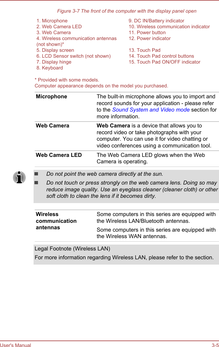 Figure 3-7 The front of the computer with the display panel open1. Microphone 9. DC IN/Battery indicator2. Web Camera LED 10. Wireless communication indicator3. Web Camera 11. Power button4. Wireless communication antennas(not shown)*12. Power indicator5. Display screen 13. Touch Pad6. LCD Sensor switch (not shown) 14. Touch Pad control buttons7. Display hinge 15. Touch Pad ON/OFF indicator8. Keyboard  * Provided with some models.Computer appearance depends on the model you purchased.Microphone The built-in microphone allows you to import andrecord sounds for your application - please referto the Sound System and Video mode section formore information.Web Camera Web Camera is a device that allows you torecord video or take photographs with yourcomputer. You can use it for video chatting orvideo conferences using a communication tool.Web Camera LED The Web Camera LED glows when the WebCamera is operating.Do not point the web camera directly at the sun.Do not touch or press strongly on the web camera lens. Doing so mayreduce image quality. Use an eyeglass cleaner (cleaner cloth) or othersoft cloth to clean the lens if it becomes dirty.WirelesscommunicationantennasSome computers in this series are equipped withthe Wireless LAN/Bluetooth antennas.Some computers in this series are equipped withthe Wireless WAN antennas.Legal Footnote (Wireless LAN)For more information regarding Wireless LAN, please refer to the section.User&apos;s Manual 3-5