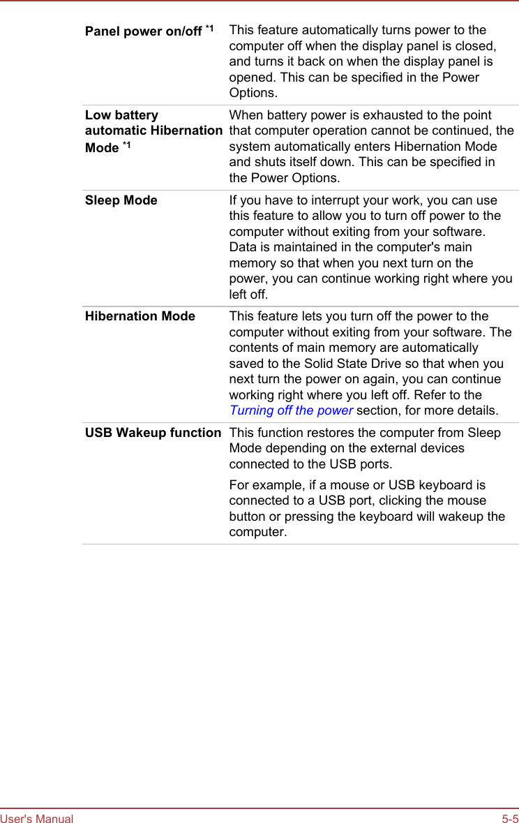Panel power on/off *1 This feature automatically turns power to thecomputer off when the display panel is closed,and turns it back on when the display panel isopened. This can be specified in the PowerOptions.Low batteryautomatic HibernationMode *1When battery power is exhausted to the pointthat computer operation cannot be continued, thesystem automatically enters Hibernation Modeand shuts itself down. This can be specified inthe Power Options.Sleep Mode If you have to interrupt your work, you can usethis feature to allow you to turn off power to thecomputer without exiting from your software.Data is maintained in the computer&apos;s mainmemory so that when you next turn on thepower, you can continue working right where youleft off.Hibernation Mode This feature lets you turn off the power to thecomputer without exiting from your software. Thecontents of main memory are automaticallysaved to the Solid State Drive so that when younext turn the power on again, you can continueworking right where you left off. Refer to theTurning off the power section, for more details.USB Wakeup function This function restores the computer from SleepMode depending on the external devicesconnected to the USB ports.For example, if a mouse or USB keyboard isconnected to a USB port, clicking the mousebutton or pressing the keyboard will wakeup thecomputer.User&apos;s Manual 5-5
