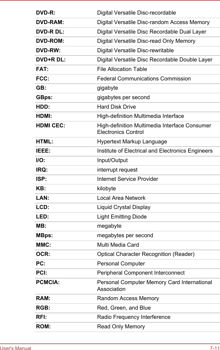 DVD-R: Digital Versatile Disc-recordableDVD-RAM: Digital Versatile Disc-random Access MemoryDVD-R DL: Digital Versatile Disc Recordable Dual LayerDVD-ROM: Digital Versatile Disc-read Only MemoryDVD-RW: Digital Versatile Disc-rewritableDVD+R DL: Digital Versatile Disc Recordable Double LayerFAT: File Allocation TableFCC: Federal Communications CommissionGB: gigabyteGBps: gigabytes per secondHDD: Hard Disk DriveHDMI: High-definition Multimedia InterfaceHDMI CEC: High-definition Multimedia Interface ConsumerElectronics ControlHTML: Hypertext Markup LanguageIEEE: Institute of Electrical and Electronics EngineersI/O: Input/OutputIRQ: interrupt requestISP: Internet Service ProviderKB: kilobyteLAN: Local Area NetworkLCD: Liquid Crystal DisplayLED: Light Emitting DiodeMB: megabyteMBps: megabytes per secondMMC: Multi Media CardOCR: Optical Character Recognition (Reader)PC: Personal ComputerPCI: Peripheral Component InterconnectPCMCIA: Personal Computer Memory Card InternationalAssociationRAM: Random Access MemoryRGB: Red, Green, and BlueRFI: Radio Frequency InterferenceROM: Read Only MemoryUser&apos;s Manual 7-11