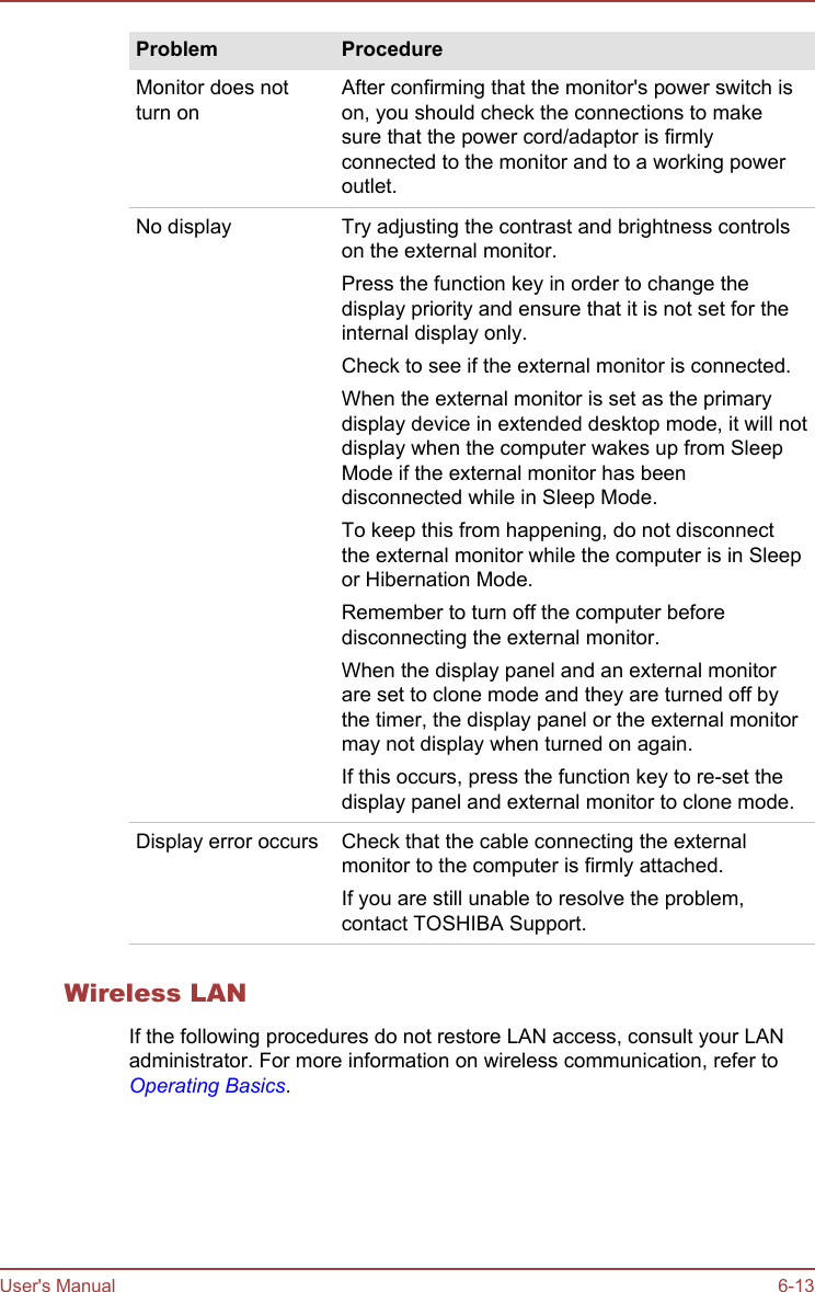 Problem ProcedureMonitor does notturn onAfter confirming that the monitor&apos;s power switch ison, you should check the connections to makesure that the power cord/adaptor is firmlyconnected to the monitor and to a working poweroutlet.No display Try adjusting the contrast and brightness controlson the external monitor.Press the function key in order to change thedisplay priority and ensure that it is not set for theinternal display only.Check to see if the external monitor is connected.When the external monitor is set as the primarydisplay device in extended desktop mode, it will notdisplay when the computer wakes up from SleepMode if the external monitor has beendisconnected while in Sleep Mode.To keep this from happening, do not disconnectthe external monitor while the computer is in Sleepor Hibernation Mode.Remember to turn off the computer beforedisconnecting the external monitor.When the display panel and an external monitorare set to clone mode and they are turned off bythe timer, the display panel or the external monitormay not display when turned on again.If this occurs, press the function key to re-set thedisplay panel and external monitor to clone mode.Display error occurs Check that the cable connecting the externalmonitor to the computer is firmly attached.If you are still unable to resolve the problem,contact TOSHIBA Support.Wireless LANIf the following procedures do not restore LAN access, consult your LANadministrator. For more information on wireless communication, refer toOperating Basics.User&apos;s Manual 6-13