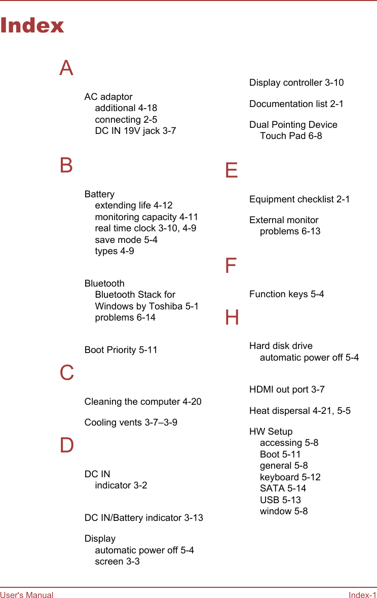 IndexAAC adaptoradditional 4-18connecting 2-5DC IN 19V jack 3-7 BBatteryextending life 4-12monitoring capacity 4-11real time clock 3-10, 4-9save mode 5-4types 4-9 BluetoothBluetooth Stack forWindows by Toshiba 5-1problems 6-14 Boot Priority 5-11CCleaning the computer 4-20Cooling vents 3-7–3-9DDC INindicator 3-2 DC IN/Battery indicator 3-13Displayautomatic power off 5-4screen 3-3 Display controller 3-10Documentation list 2-1Dual Pointing DeviceTouch Pad 6-8 EEquipment checklist 2-1External monitorproblems 6-13 FFunction keys 5-4HHard disk driveautomatic power off 5-4 HDMI out port 3-7Heat dispersal 4-21, 5-5HW Setupaccessing 5-8Boot 5-11general 5-8keyboard 5-12SATA 5-14USB 5-13window 5-8 User&apos;s Manual Index-1
