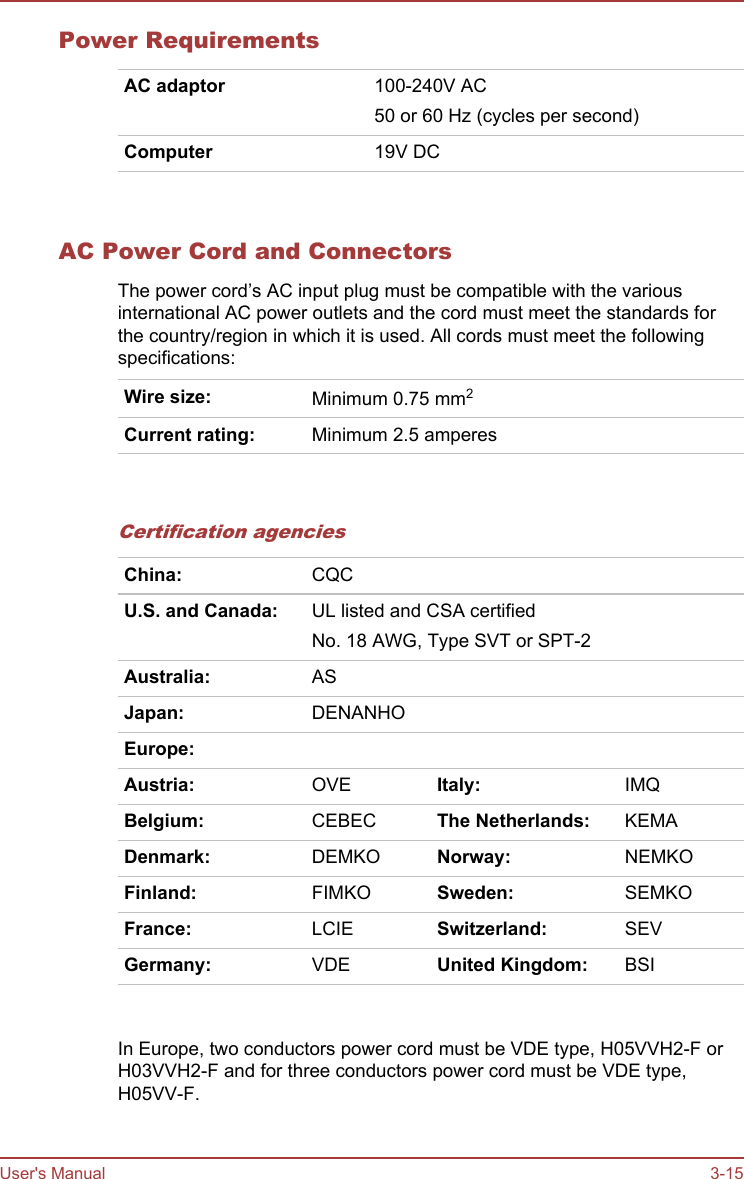 Power RequirementsAC adaptor 100-240V AC50 or 60 Hz (cycles per second)Computer 19V DC   AC Power Cord and ConnectorsThe power cord’s AC input plug must be compatible with the variousinternational AC power outlets and the cord must meet the standards forthe country/region in which it is used. All cords must meet the followingspecifications:Wire size: Minimum 0.75 mm2Current rating: Minimum 2.5 amperes   Certification agenciesChina: CQCU.S. and Canada: UL listed and CSA certifiedNo. 18 AWG, Type SVT or SPT-2Australia: ASJapan: DENANHOEurope:Austria: OVE Italy: IMQBelgium: CEBEC The Netherlands: KEMADenmark: DEMKO Norway: NEMKOFinland: FIMKO Sweden: SEMKOFrance: LCIE Switzerland: SEVGermany: VDE United Kingdom: BSI       In Europe, two conductors power cord must be VDE type, H05VVH2-F orH03VVH2-F and for three conductors power cord must be VDE type,H05VV-F.User&apos;s Manual 3-15